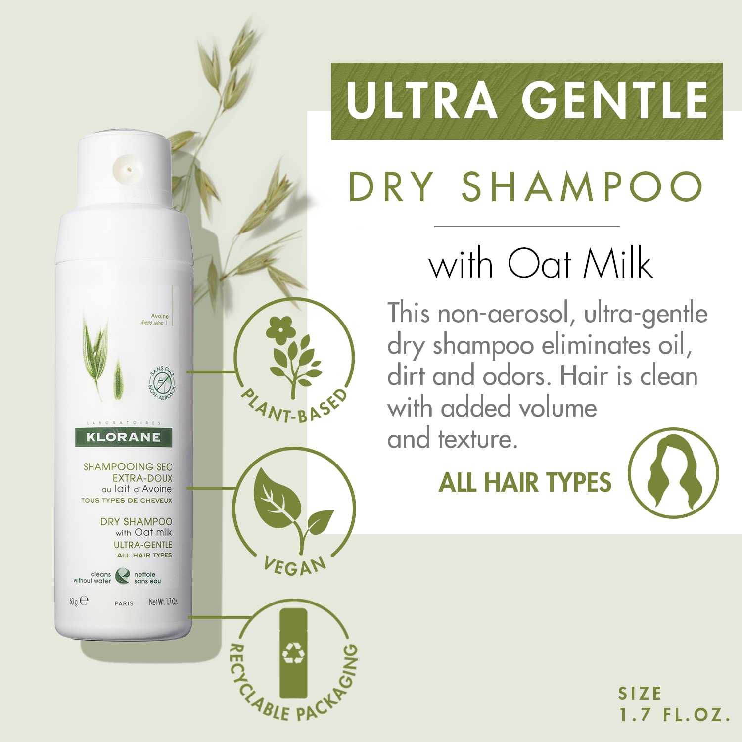 Klorane Dry Shampoo with Oat Milk - Eco-Friendly Non-Aerosol Formula - Vegan & Dermatologist Tested - Ultra-Gentle Powder Formul