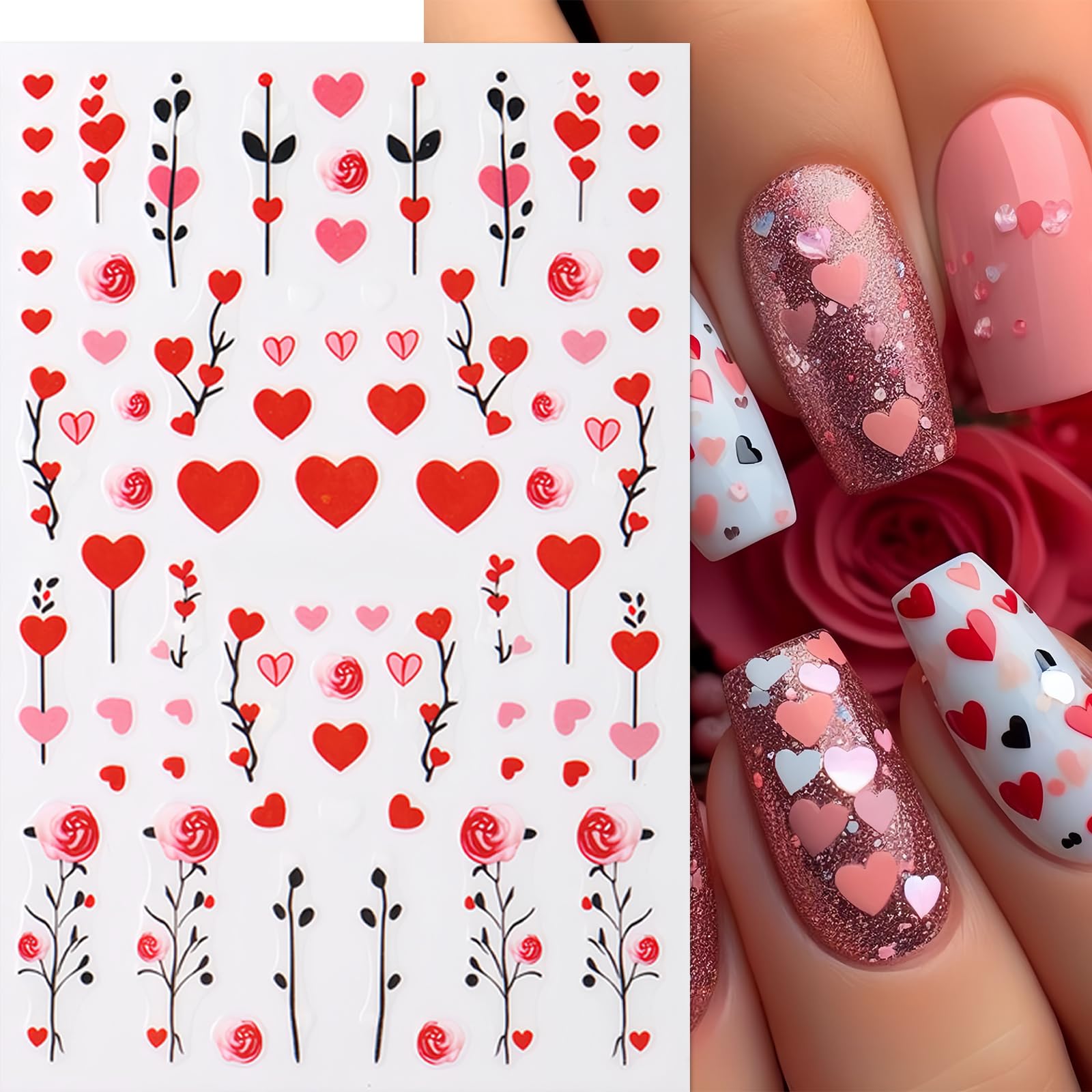 6 Sheets Love Nail Art Stickers Decals Valentines Day Diy Self-Adhesive Nail Supplies Love Heart Self-Adhesive Rose Embossed Bow