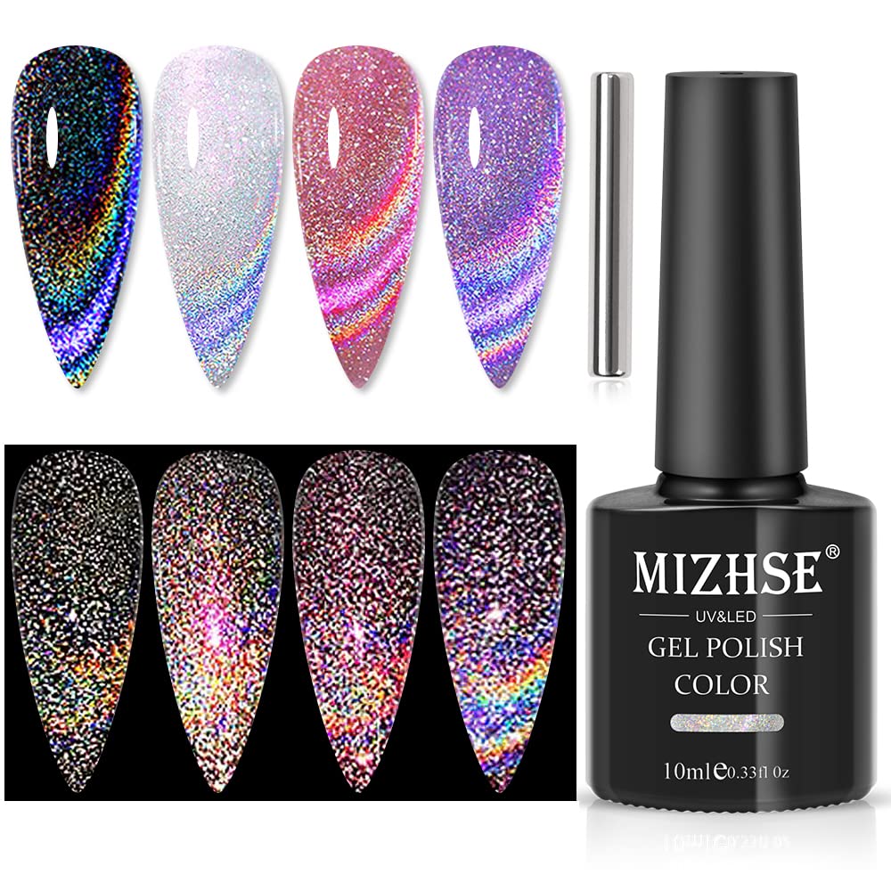 Mizhse Universal Reflective Rainbow Cat Eye Gel 10Ml Reflective Gel Nail Polish Holographic Laser 9D Cat Eye Gel Nail Polish Wit