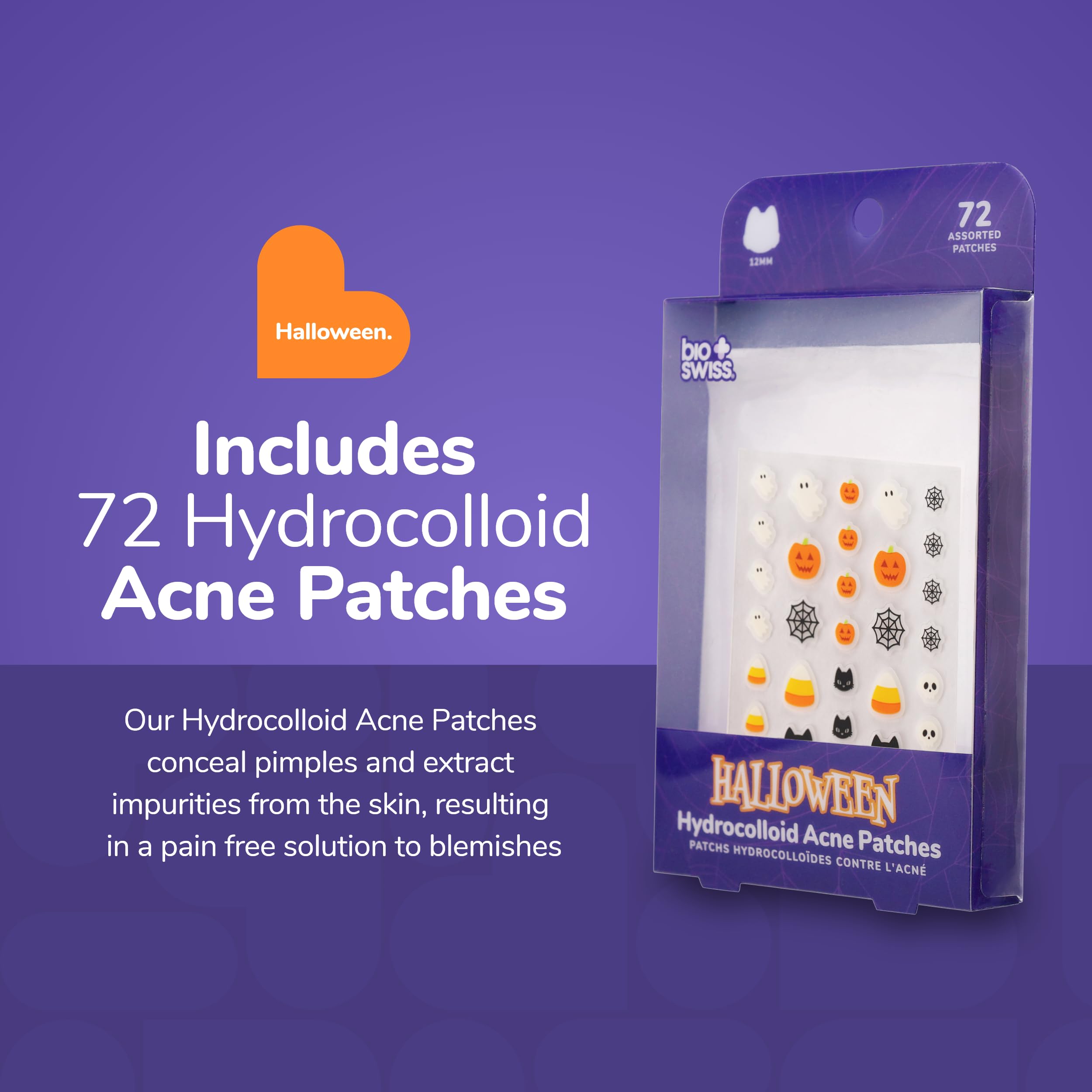 BioSwiss Halloween Pimple Patches - Hydrocolloid Acne Spot Stickers for Face & Skin, 72 Count, Ideal for Zits & Blemishes