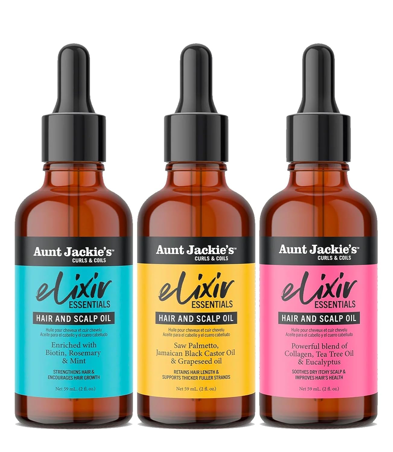 Aunt Jackies Curls & Coils Elixir Essentials Hair & Scalp Oils Collection  Biotin Rosemary Mint Oil 2oz | Collagen Tea Tree Eu