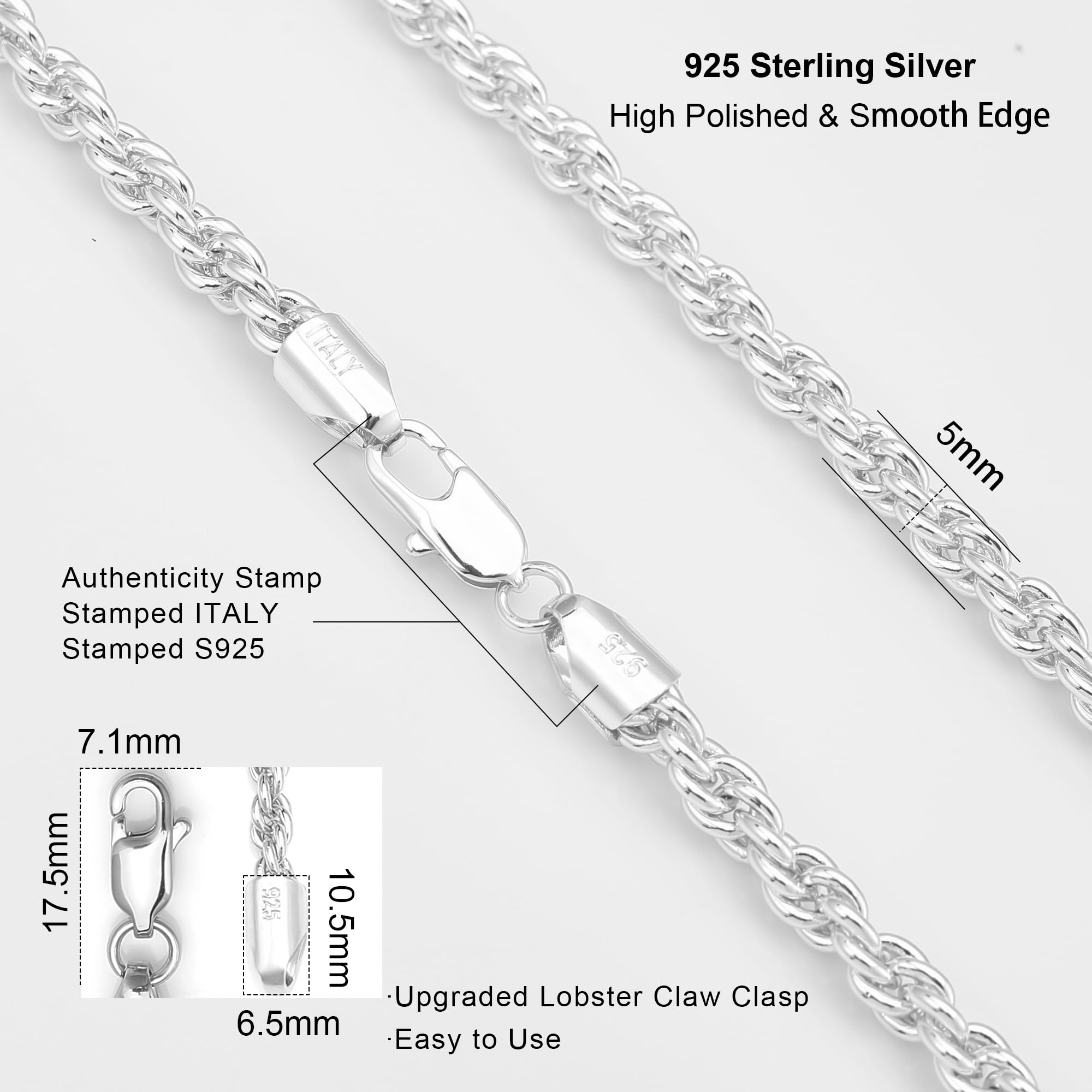 Waitsoul 925 Sterling Silver Rope Chain Lobster Clasp 5mm 18k Gold Chain Necklace for Men Women Necklace Chain 24 Inch
