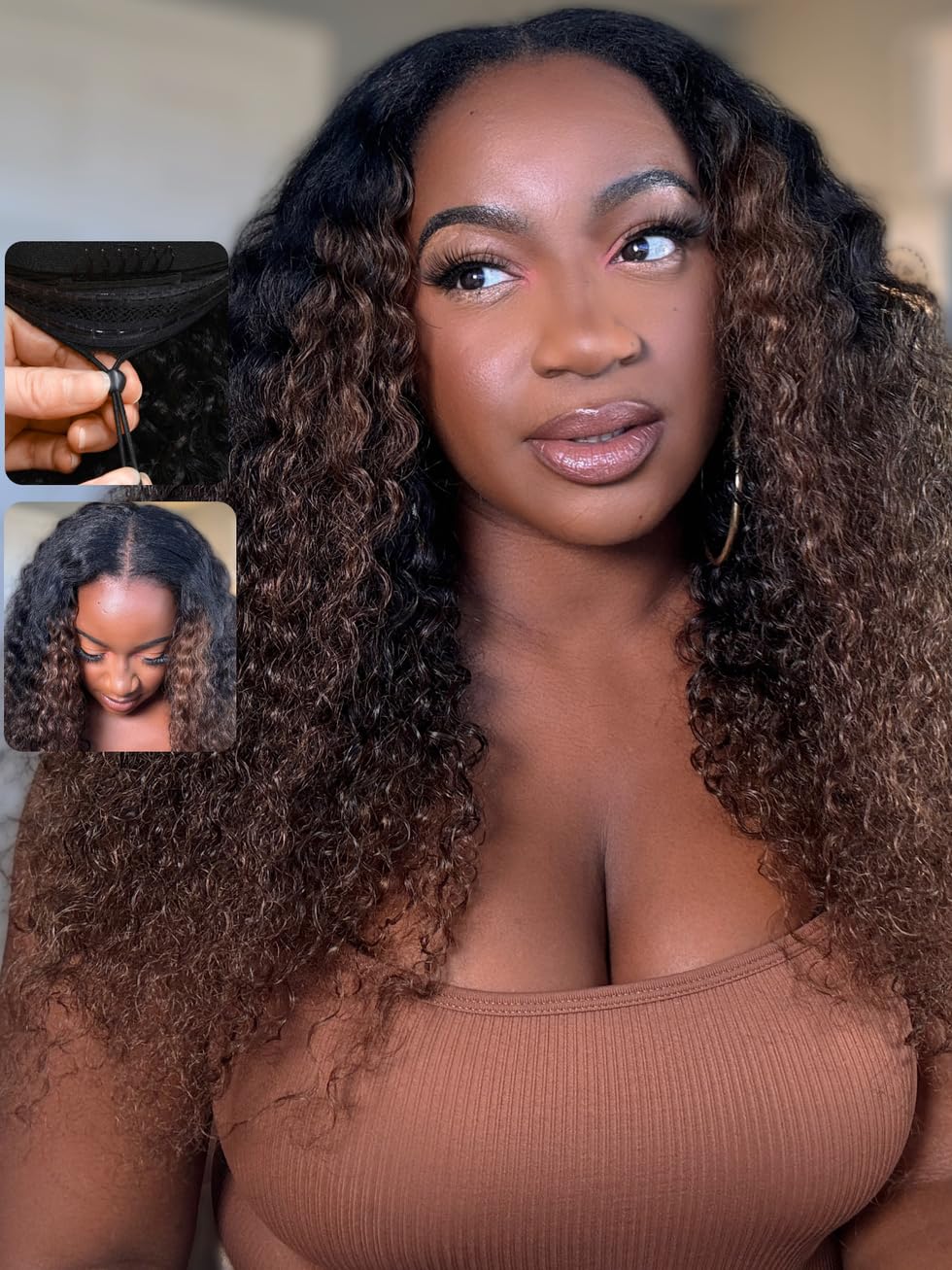 Unice Easicontour V Part Wigs Human Hair Jerry Curly Ombre Chestnut Brown Glueless Wigs Human Hair Clip In Vpart Wig Minimal Lea