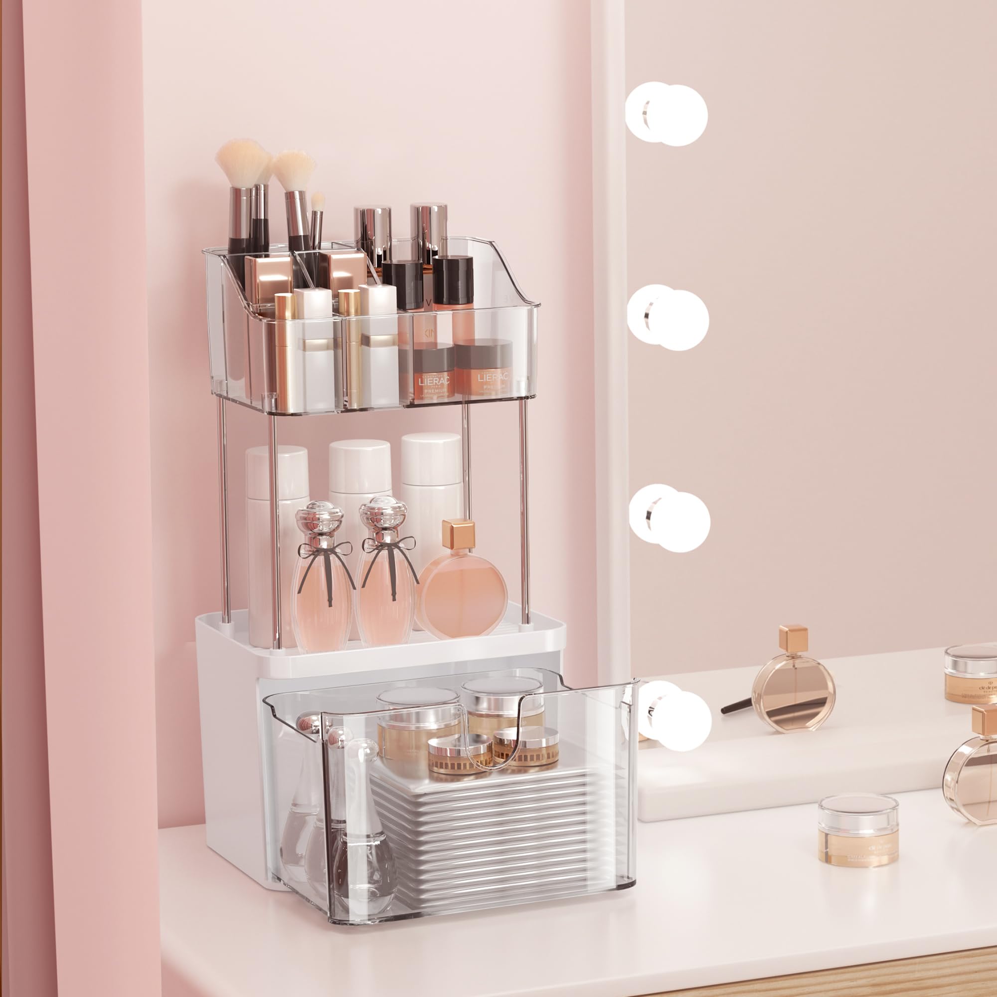 Doadw Bathroom Countertop Organizer With Drawer - 3 Tier Makeup Organizer For Vanity - Medium Clear Multi-Purpose Makeup Skin Ca