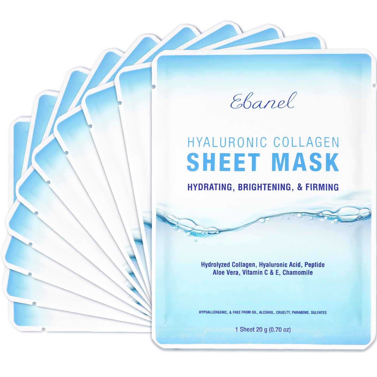 Ebanel Collagen Peptide Face Masks, 10 Pack Hydrating Anti-Aging Masks with Hyaluronic Acid & Vitamin C, Stem Cell Mask