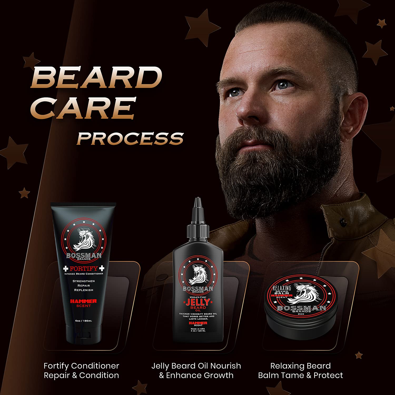 Bossman Essentials Beard Kit - Made in USA - Jelly Beard Oil - Conditioner - Beard Balm - Natural Ingredients (Hammer Scent)