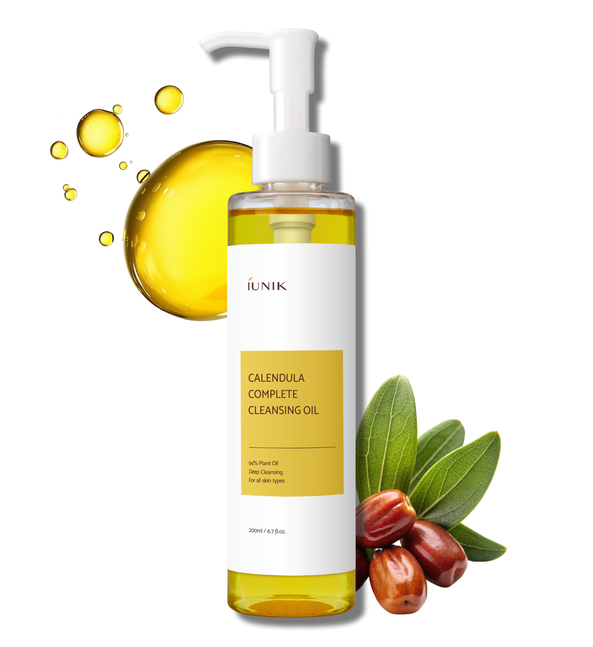 Iunik Calendula & Jojoba Oil-Infused Vegan Cleansing Oil - Gentle Blackhead Melting & Makeup Remover Facial Cleanser W/ 94% Plan