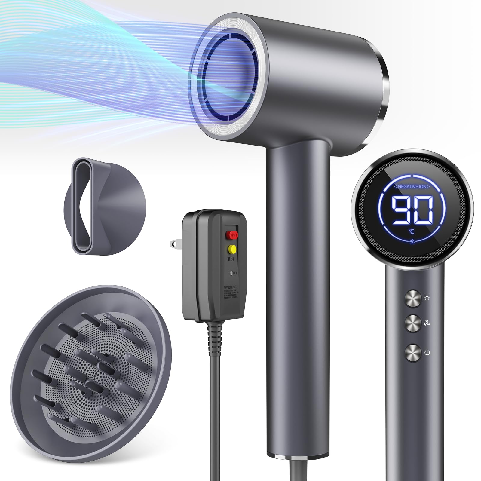 110000Rpm Drspee High-Speed Hair Dryer With Diffuser, Negative Ionic Technology, Magnetic Nozzles & Led Display - Portable For H