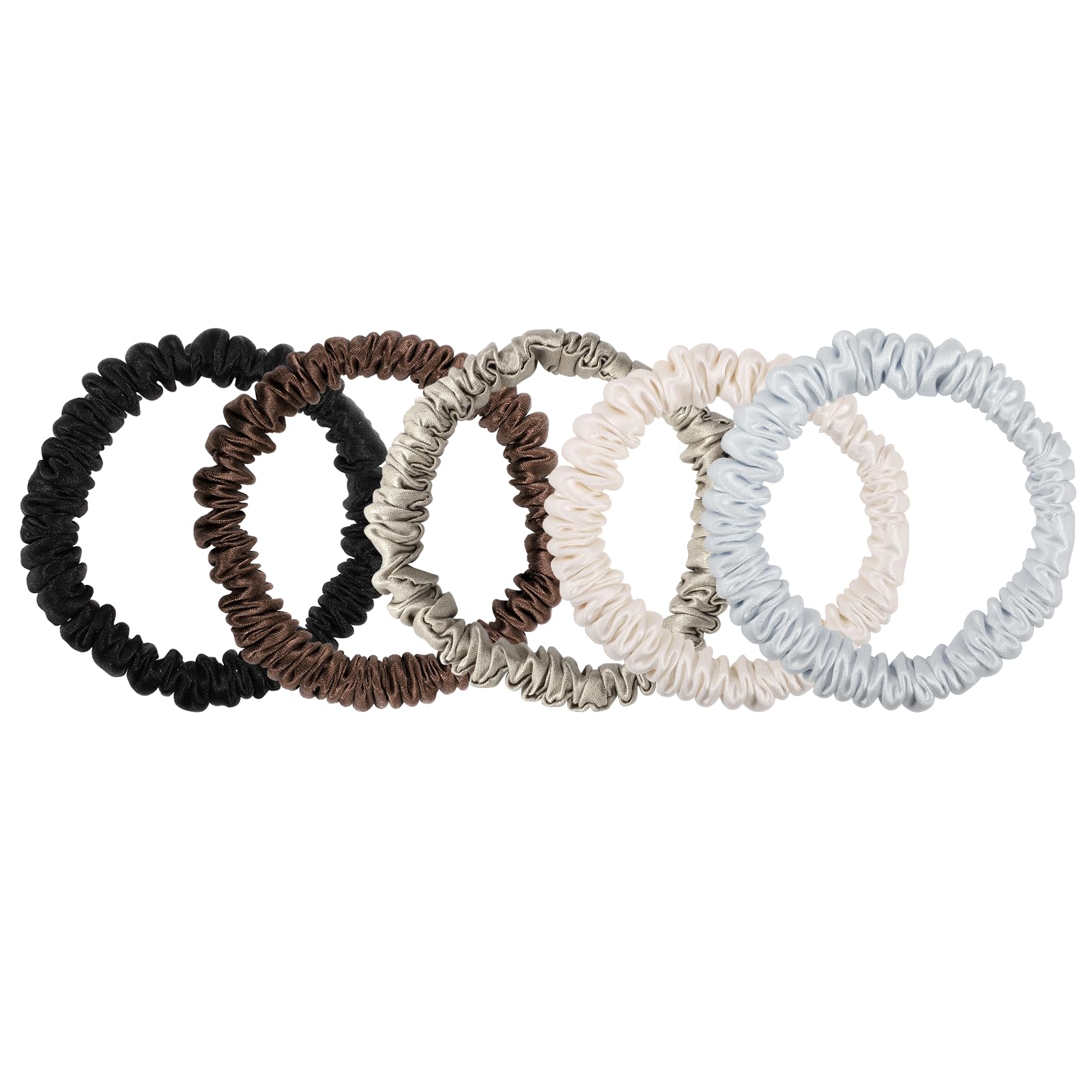 5 Pcs 19 Momme Pure Mulberry Silk Skinny Scrunchies and Ponytail Holders for Women's Hair Sleep