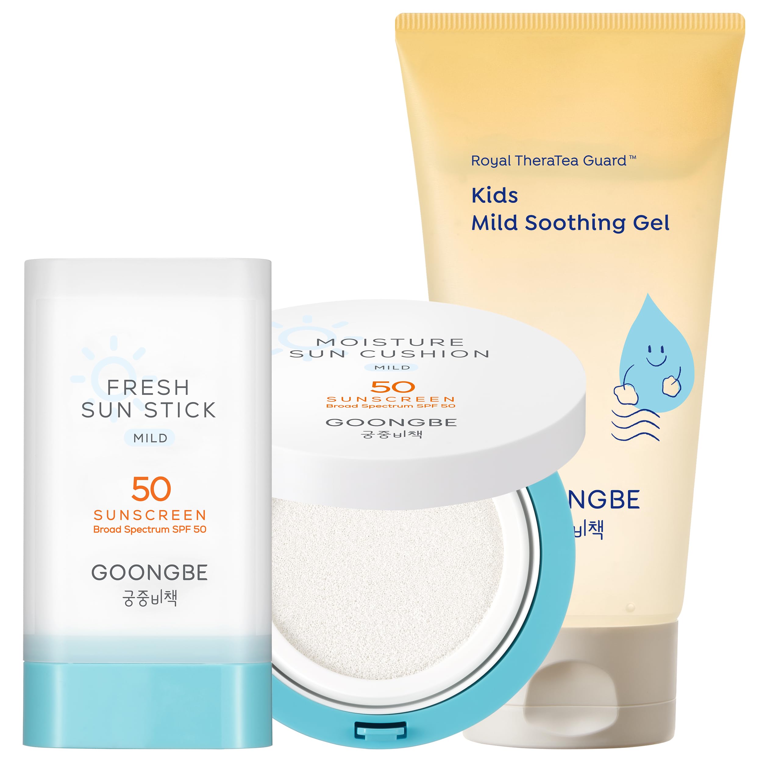 GOONGBE Kids Sun Care Set - SPF 50 Zinc Oxide Mineral Sunscreen Cushion & Stick with After Sun Soothing Gel - Vegan, Allergen-Fr
