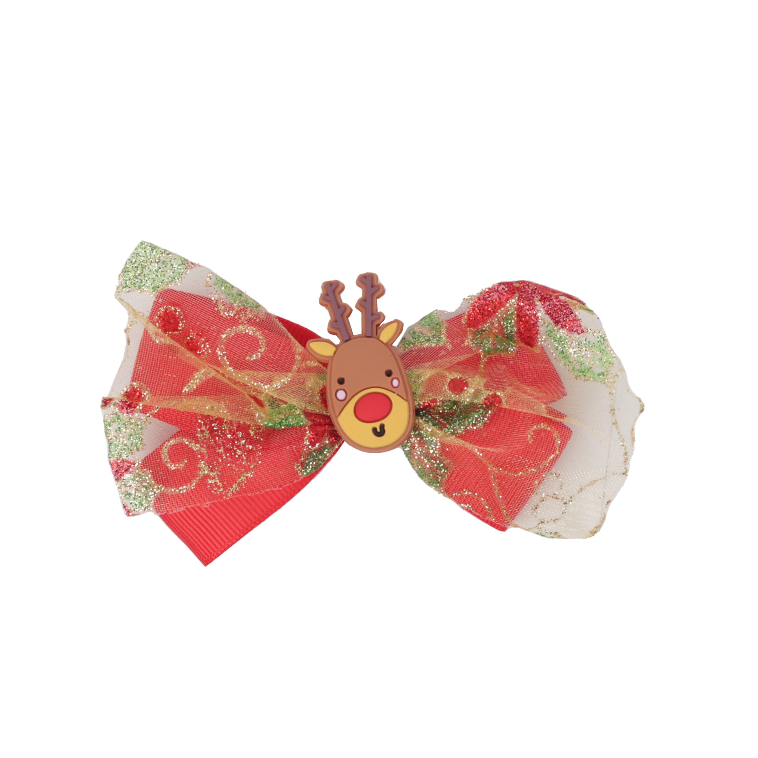 Hair Bow Sparkle Christmas Bow with Silicone Charm - Red Reindeer