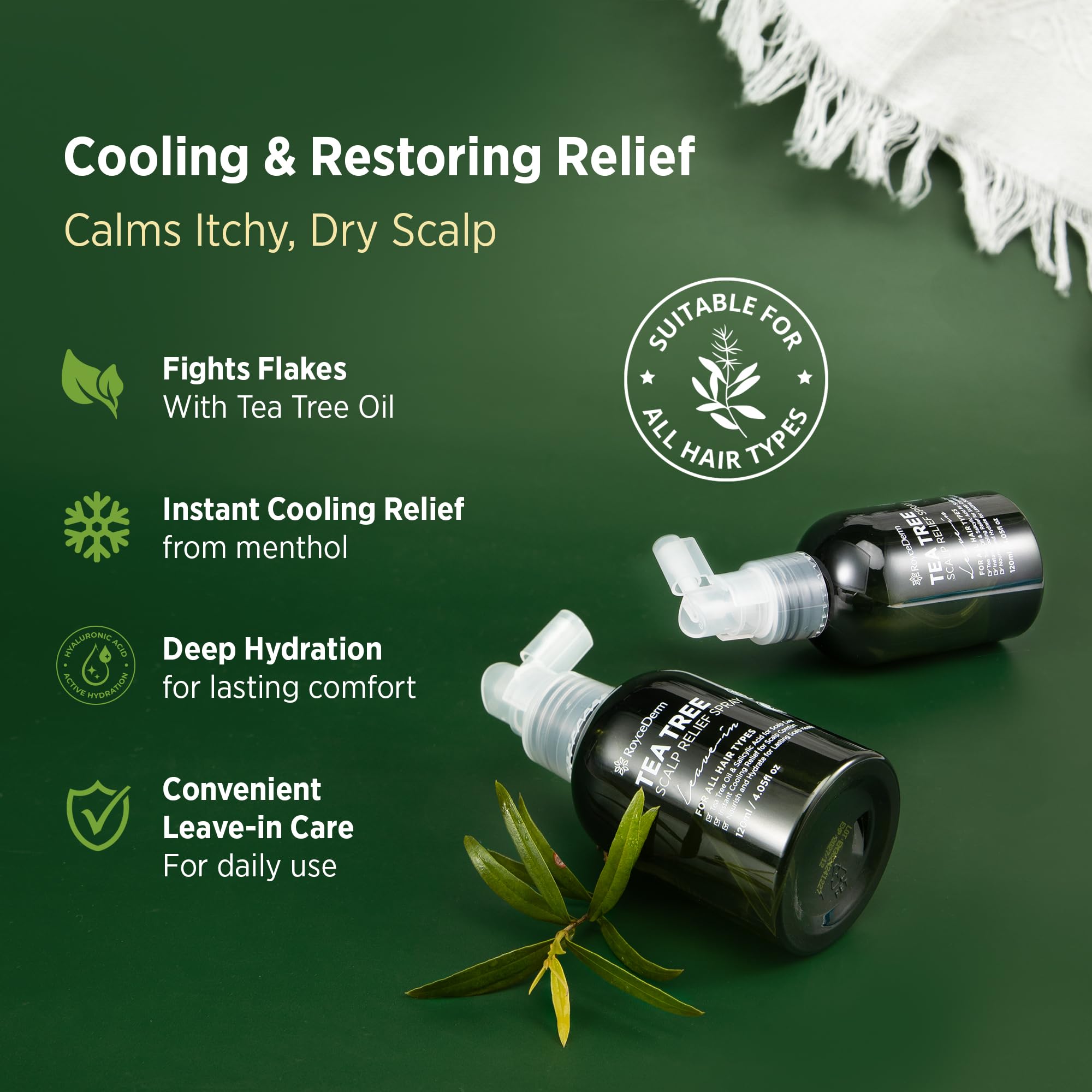 RoyceDerm Tea Tree Scalp Relief Spray: Leave-In Scalp Care for Dry, Flaky, and Itchy Scalp - Tea Tree Oil Formula for Comfort, H