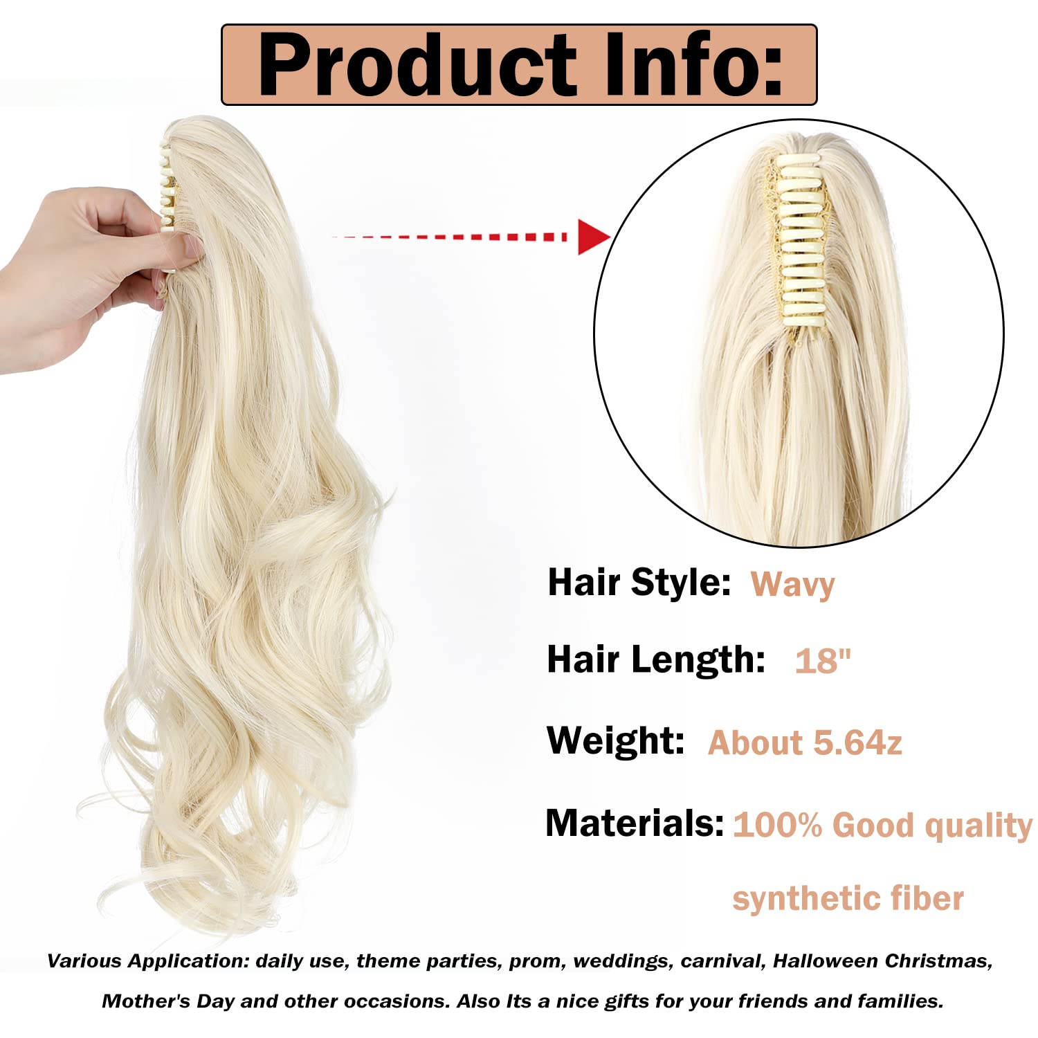 Mitrygreen 18" Wavy Ponytail Extension - Platinum Blonde Synthetic Clip-in Hairpiece for Women
