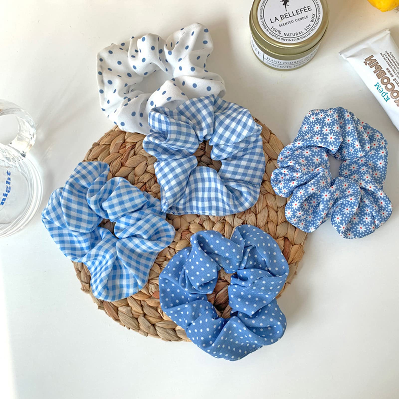 Blue Plaid Scrunchies Set - 5 Bandana Hair Ties For Women