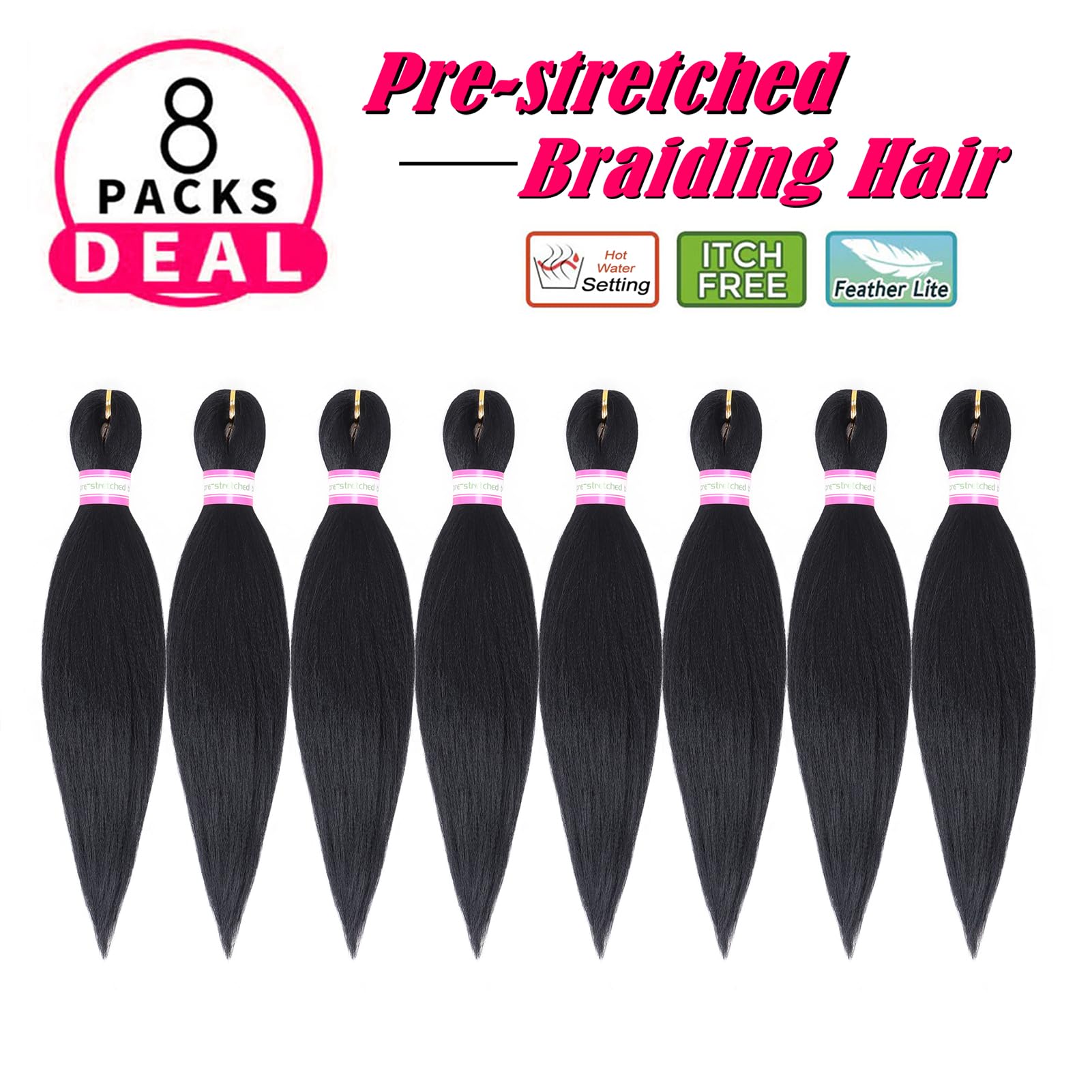 Pre-Stretched Braiding Hair Extensions Black-12 Inch 8 Packs Synthetic Braiding Hair Crochet Braids, Natural Easy Braid Crochet