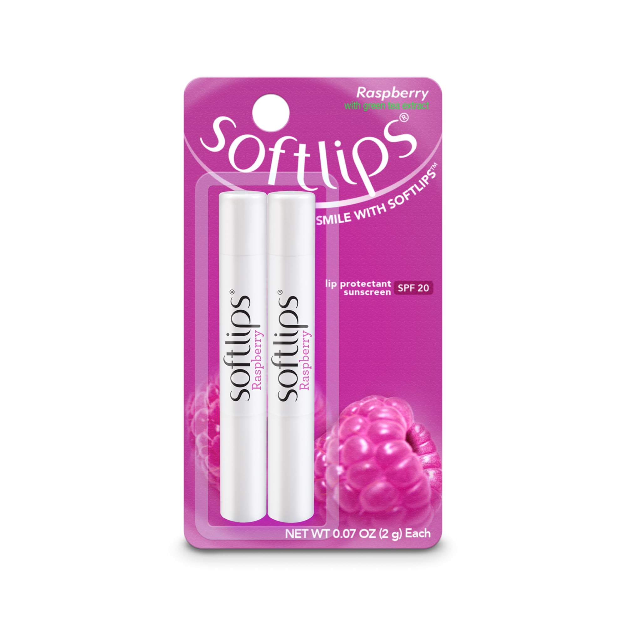 Softlips Raspberry Lip Balm With Green Tea Extract 2-Pack With Spf 20 - Hydrating Protection For Smooth, Delicious Lips