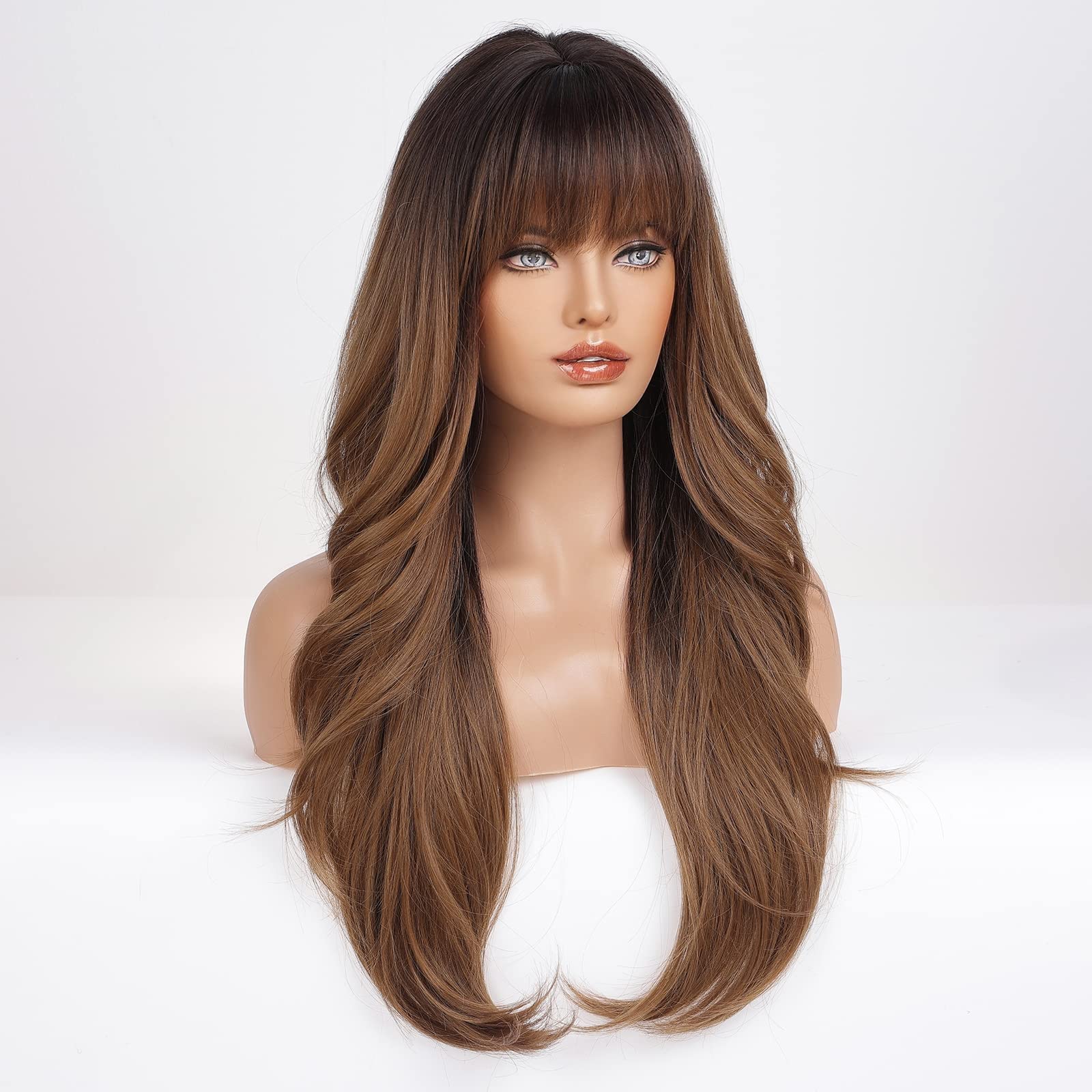 Haircube Ombre Brown Wigs With Bangs Synthetic Women'S Wig Long Wavy Layered Heat-Resistant Wig For Daily Use Natural And Comfor