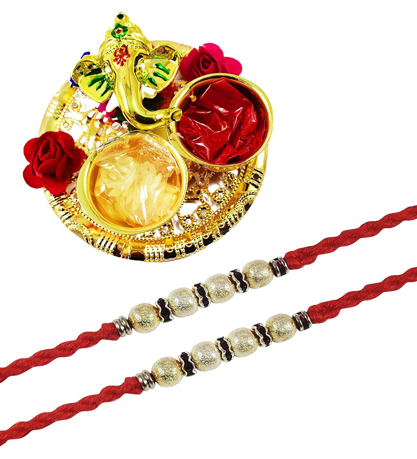 Urvi Creations Set Of 2 Silver Beaded Brother Rakhi With Rakhi Roli Chawal Pooja Plate For Brother Bhaiya Bhai Bhabhi Kids Rakhi