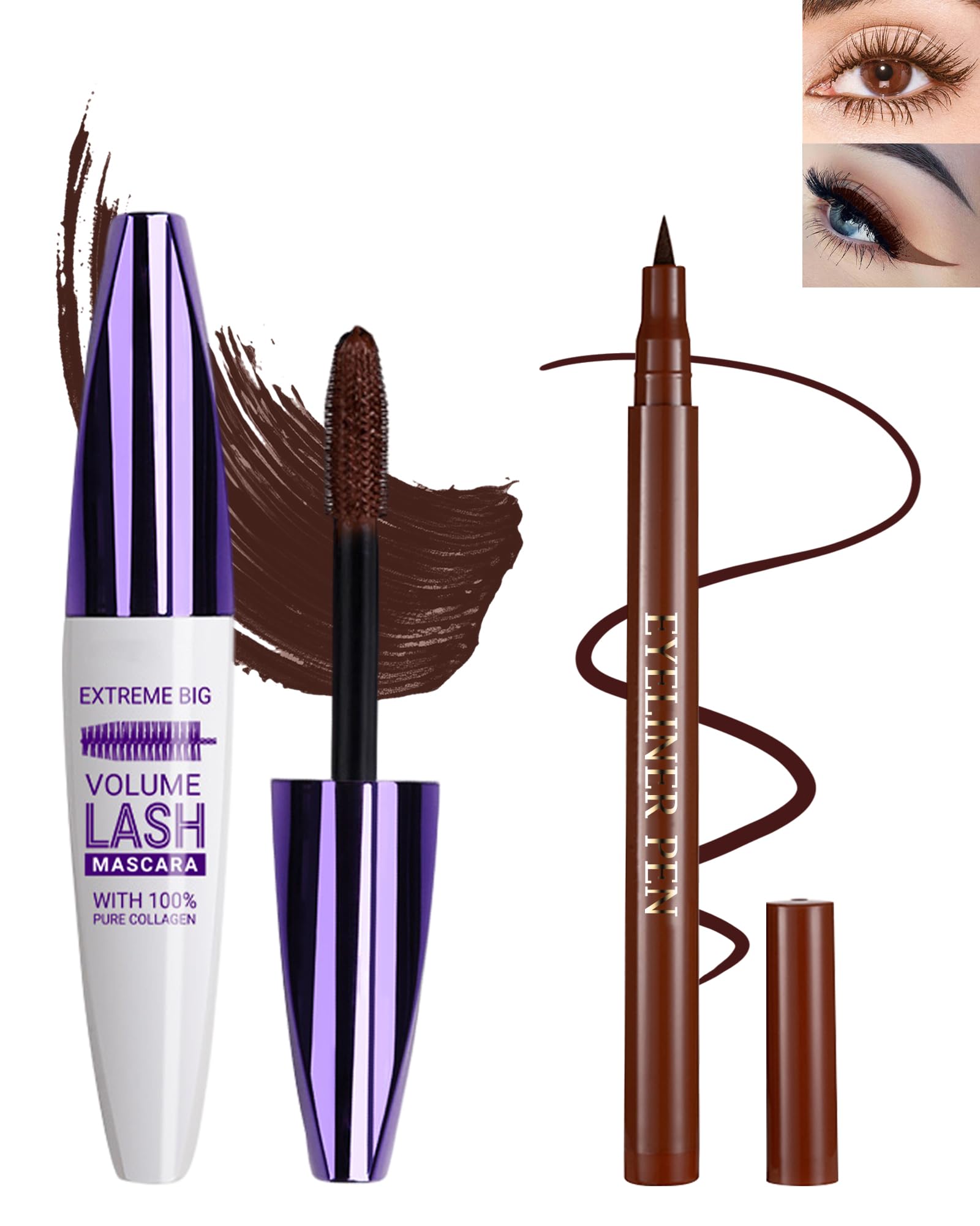 Brown Waterproof Mascara & Eyeliner, 5D Silk Fiber Lash Extensions Colored Tubing Mascara Volume And Length, Long-Lasting Smudge