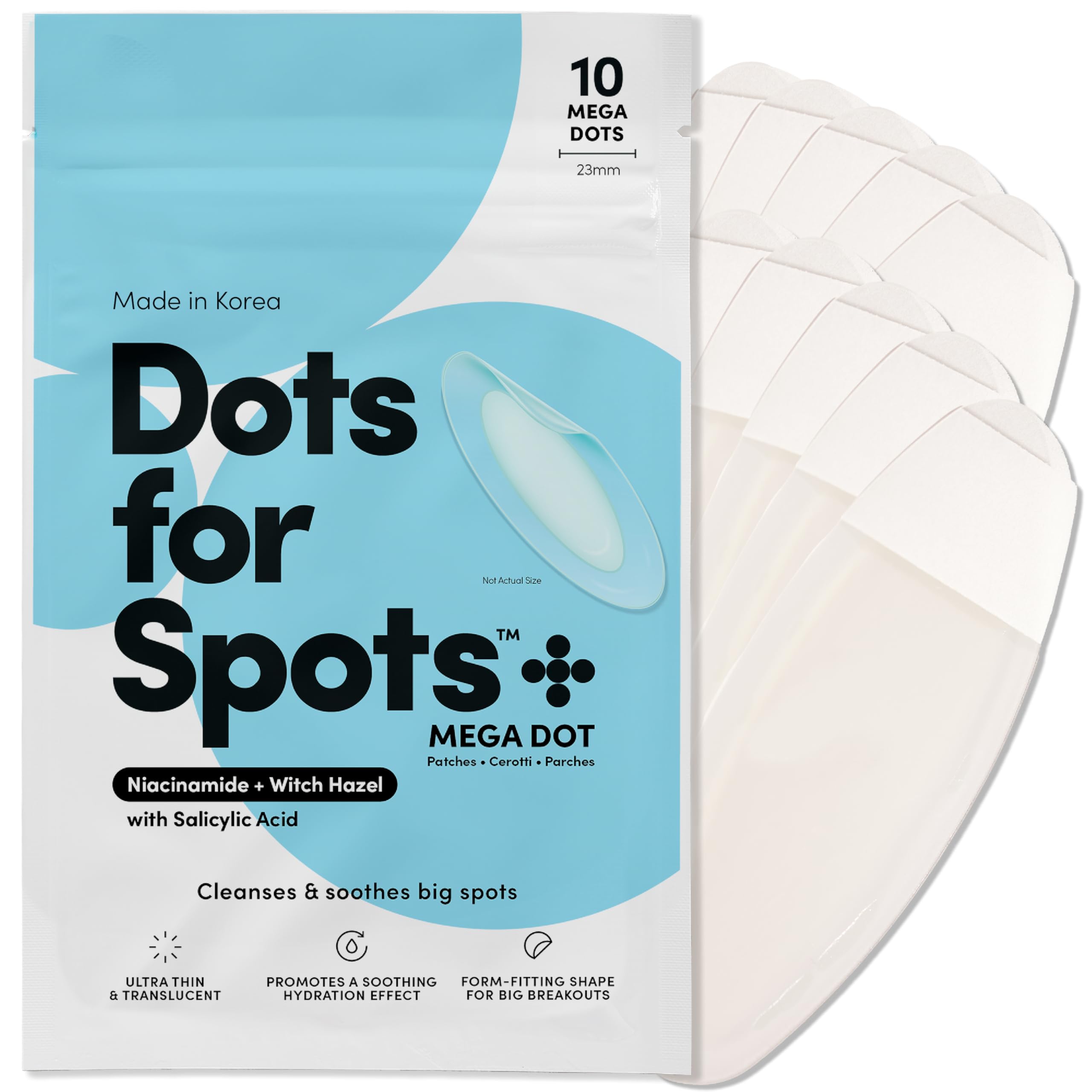 Dots for Spots Mega Dot Pimple Patches (Pack of 10) - Niacinamide Formula for Face and Body - Discreet Design, Fast-Acting, Vega