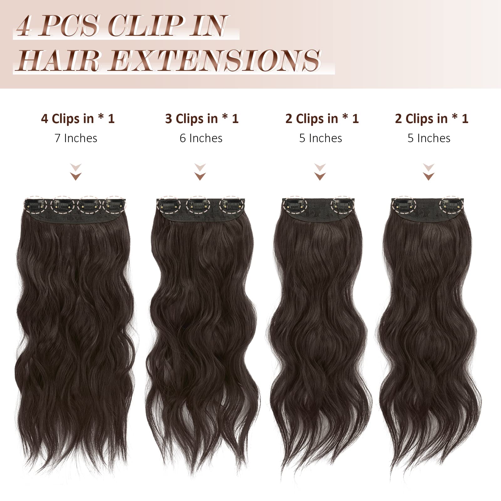 FESHFEN Clip in Hair Extensions - 4 PCS Long Wavy Thick Clip in Hairpieces Full Head Synthetic Hair Extension for Women, Dark Br