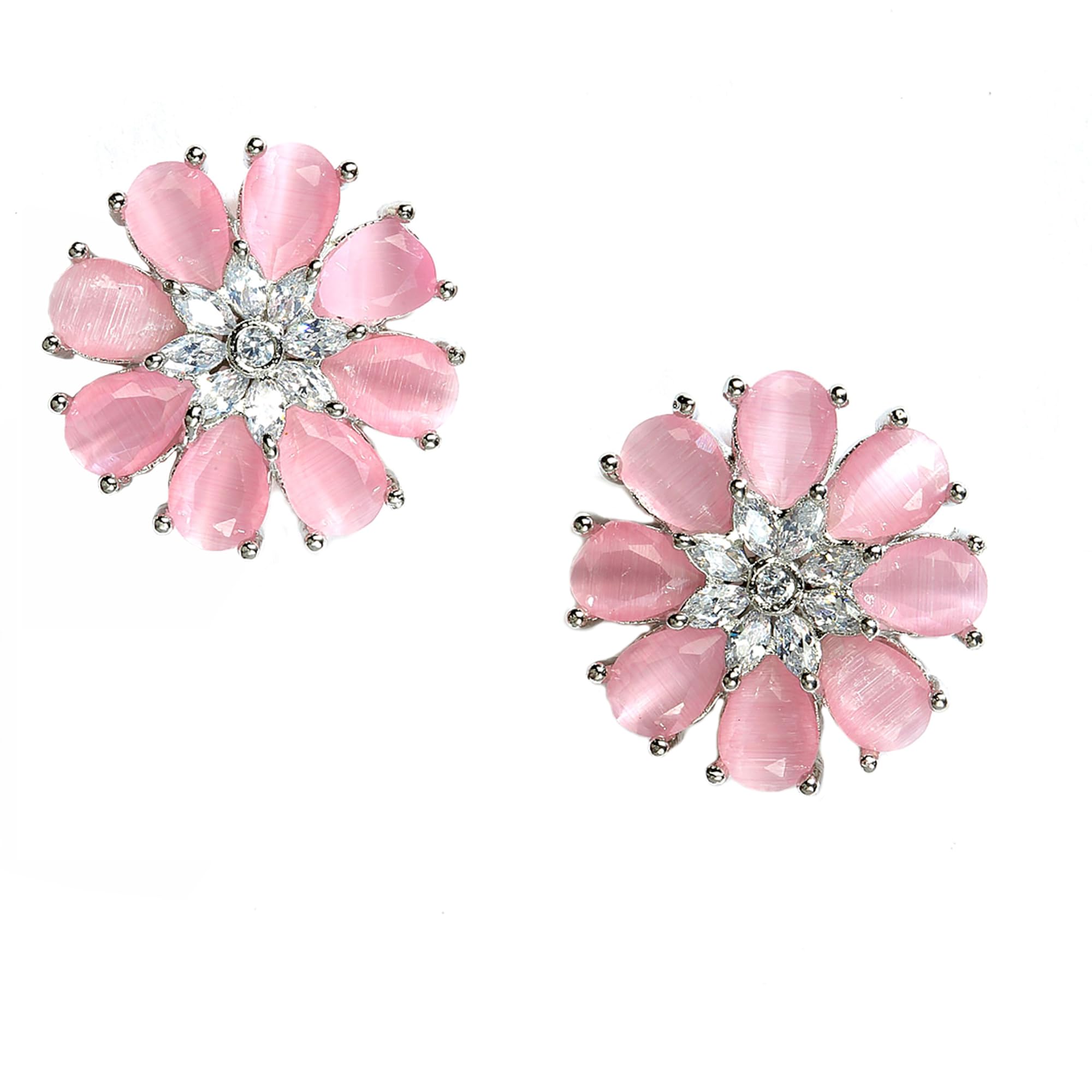 Zeneme Stud Rhodium Plated AD American Diamond FlowerShaped Earrings Ear Studs Jewellery For Women and Girl (Pink)