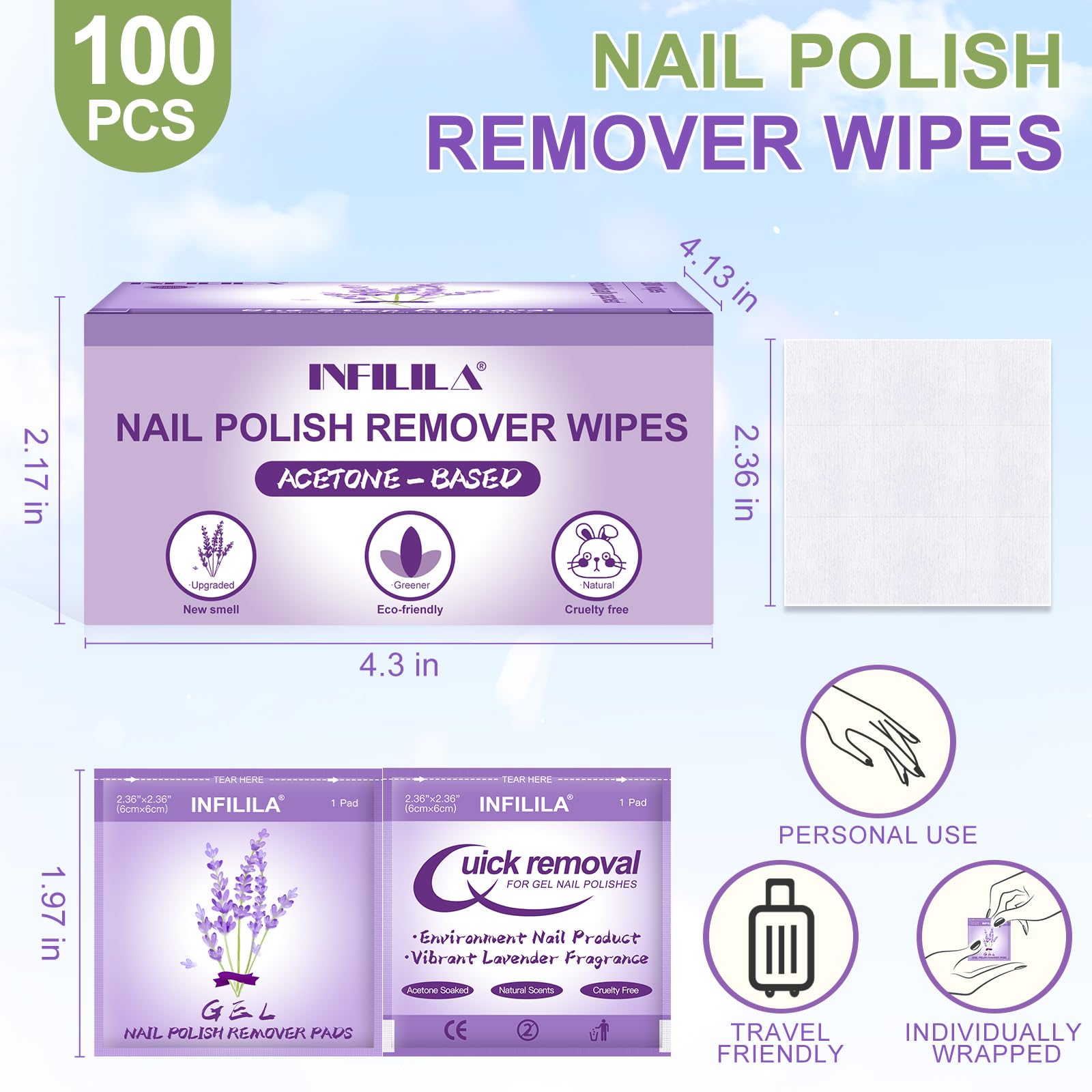 Nxj Infilila Nail Polish Remover Pads, Nail Polish Remover Wipes, 100Pcs Individually Wrapped Bulk Set Fingernail Travel Polish