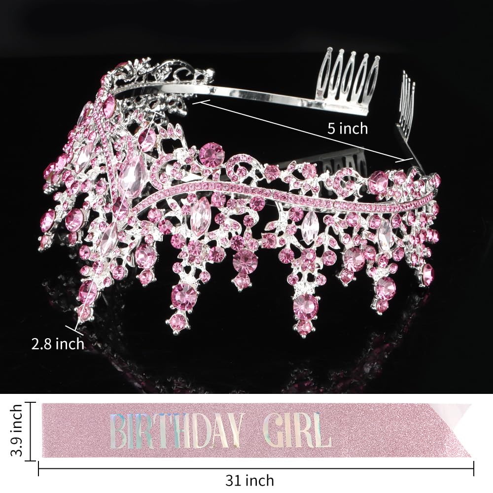 ATODEN Birthday Girl Tiara Queen Crown Pink Tiaras and Crowns for Women Girls Crystal Princess Tiara Rhinestone Headbands Quince