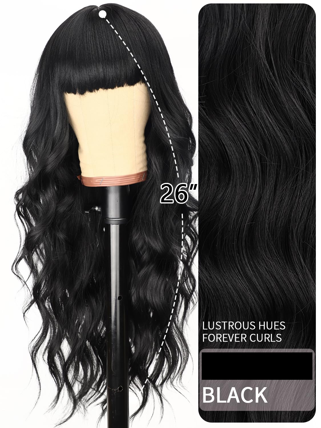 Aisi Hair Black Wig With Bangs Long Wavy Synthetic Wig For Women With Daily Party Use