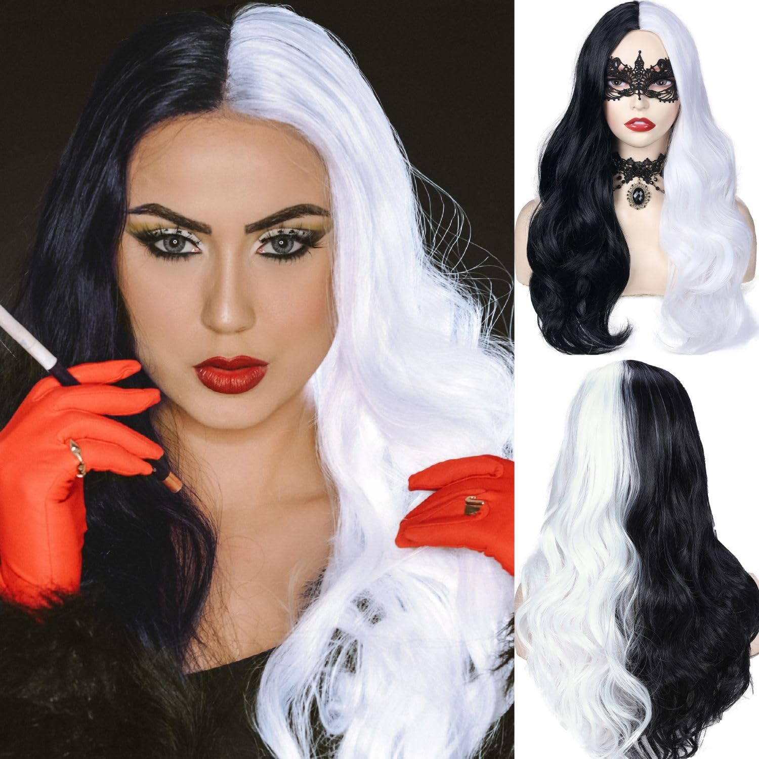 WIGER Half Black Half White Wigs for White Women Long Curly Wavy Wigs for Women Long Black and White Curly Wigs Middle Part Synt