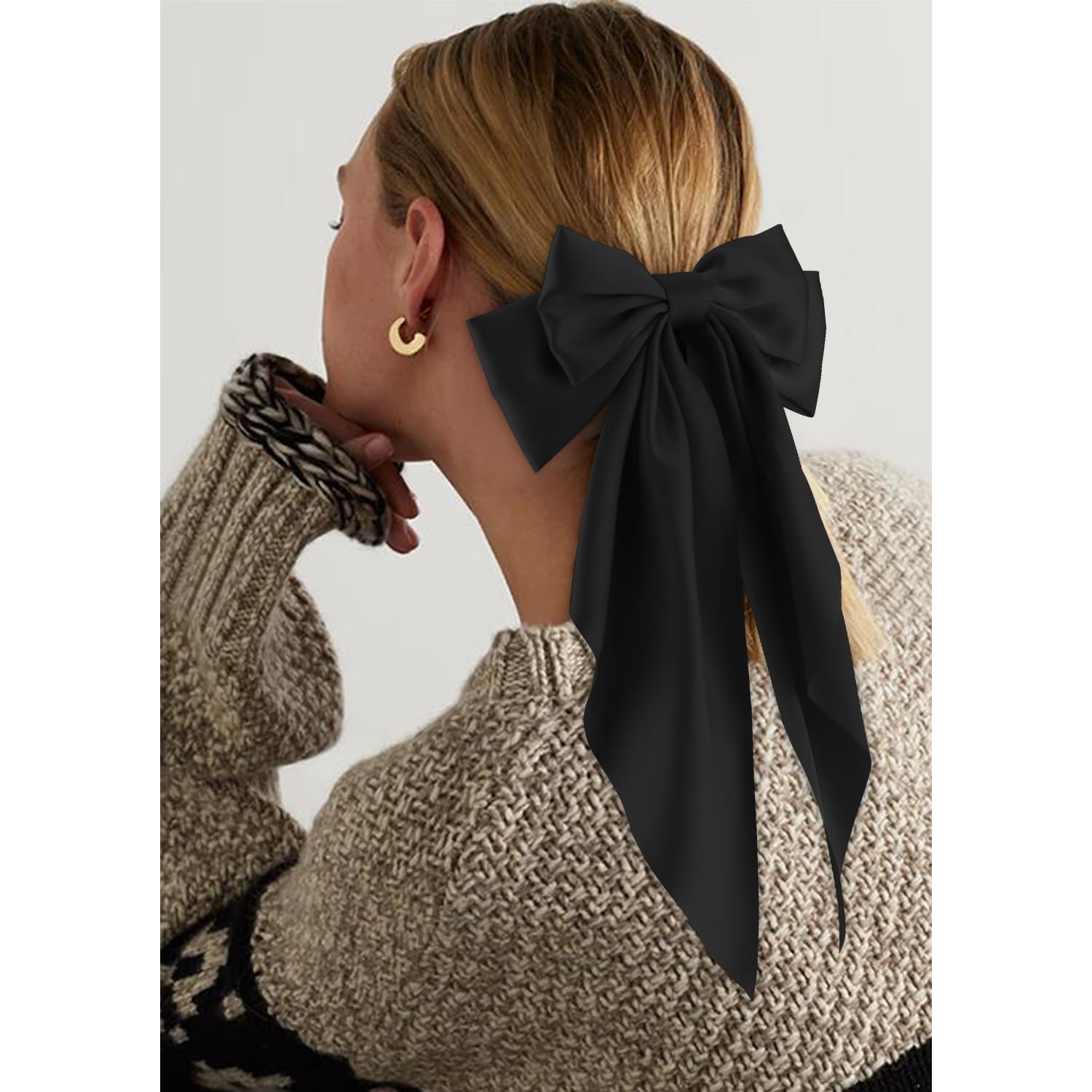 Atoden Oversized Long Tail Hair Accessories - Silky Satin Bowknot Barrettes With Metal Clips For Women In Beige, Grey, Khaki, An