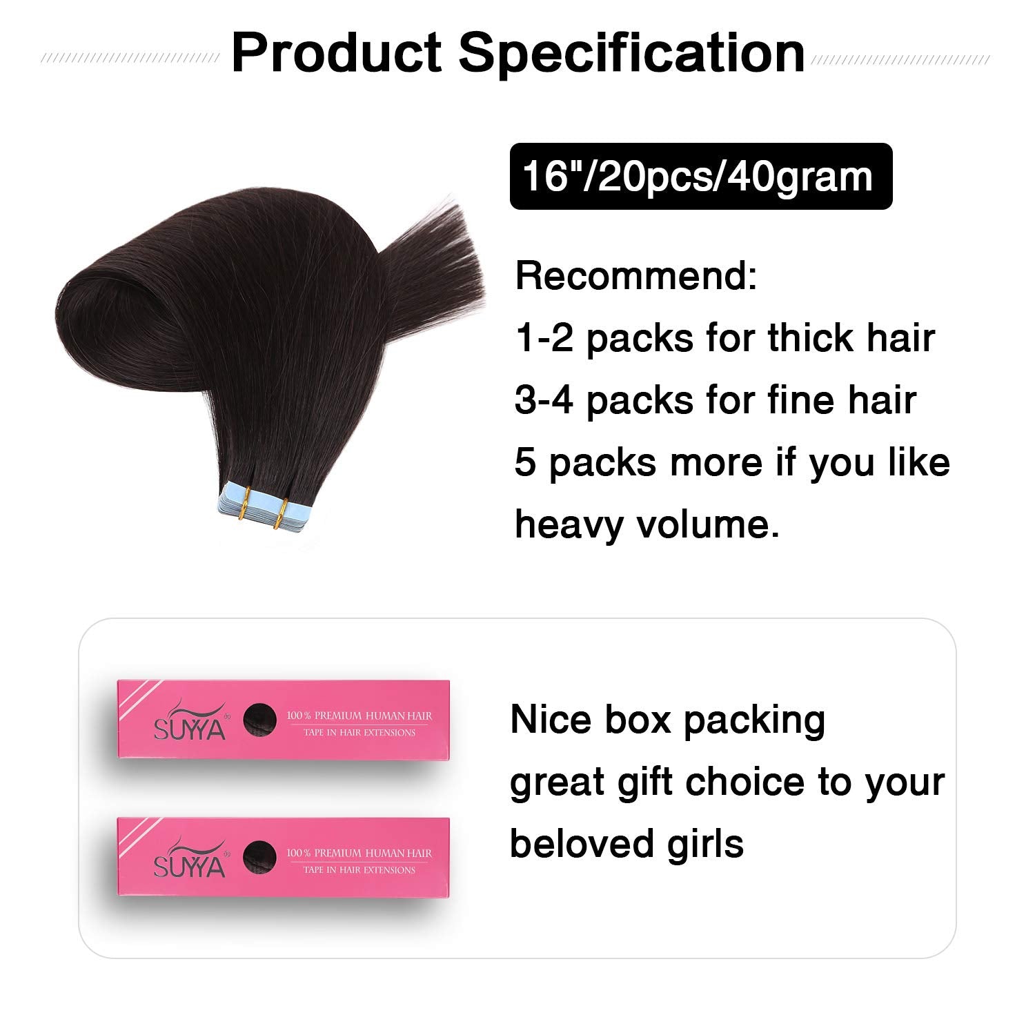 Suyya Tape In Hair Extensions 100% Remy Human Hair 16 Inches 20Pcs 40G/Pack Straight Seamless Skin Weft Tape Hair Extensions Nat