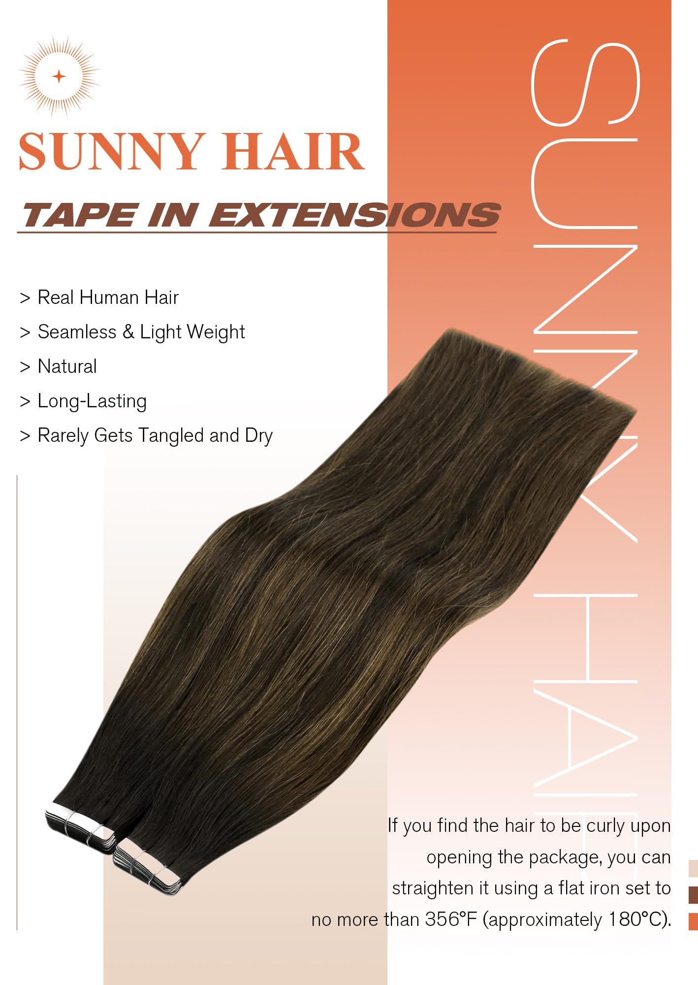 Sunny Hair Tape in Hair Extensions Real Human Hair Invisible Remy Hair Extensions Tape ins for Women Darkest Brown Ombre Medium
