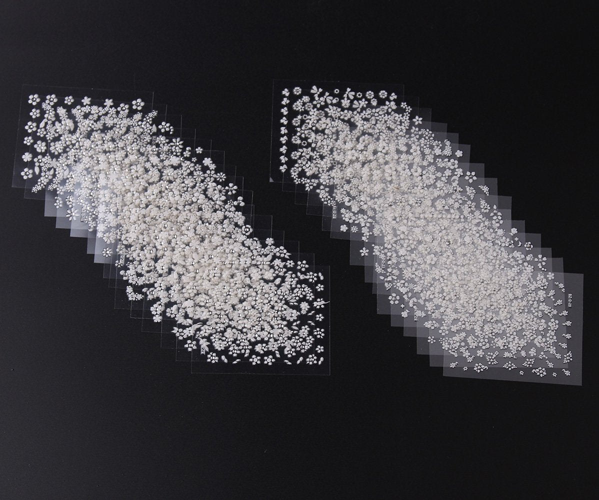 WOKOTO 30pcs White Adhesive 3d Nail Stickers Flower Nail Art Decoration Accessory With 1 Pcs Anti-Static Tweezers And 5 Pcs Wood
