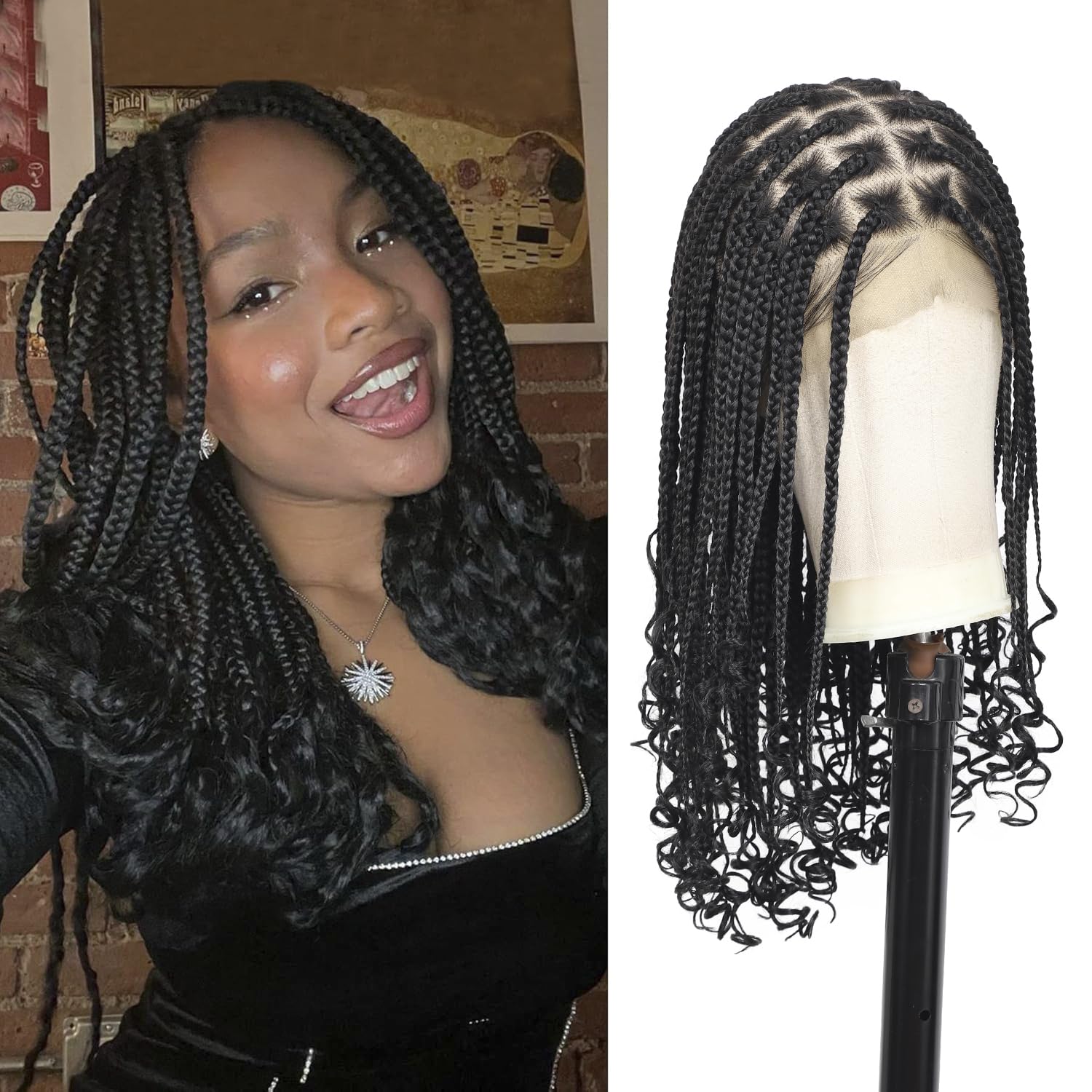 Kalyss 13x8 Hd Lace Front Braided Wigs with Curly Ends for Women Knotless Braided Wigs with Baby Hair Black Braided wig Human Ha