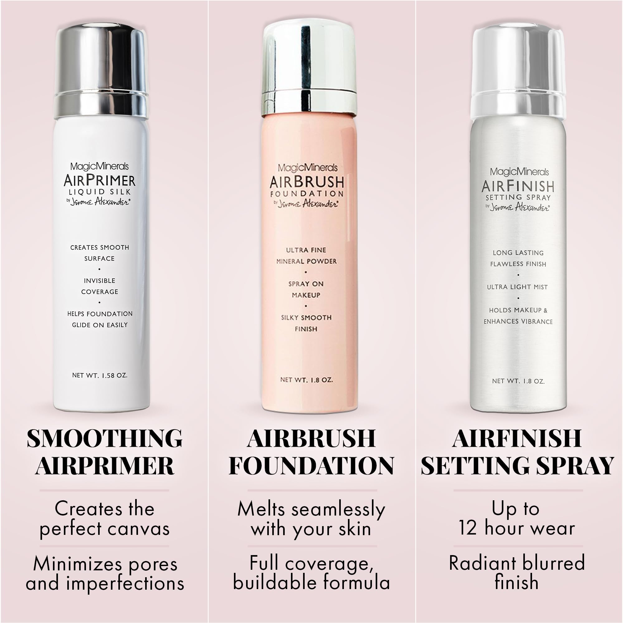 Jerome Alexander Magic Minerals AirBrush Foundation Set - 5pc Pro Starter Kit with Foundation, Primer, Setting Spray - Light Medium