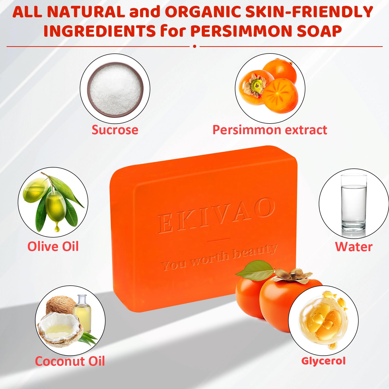 EKIVAO Natural Persimmon Soap Bar - Organic Deodorant for Body Odor Control, 3.5 oz (3-Pack), Orange