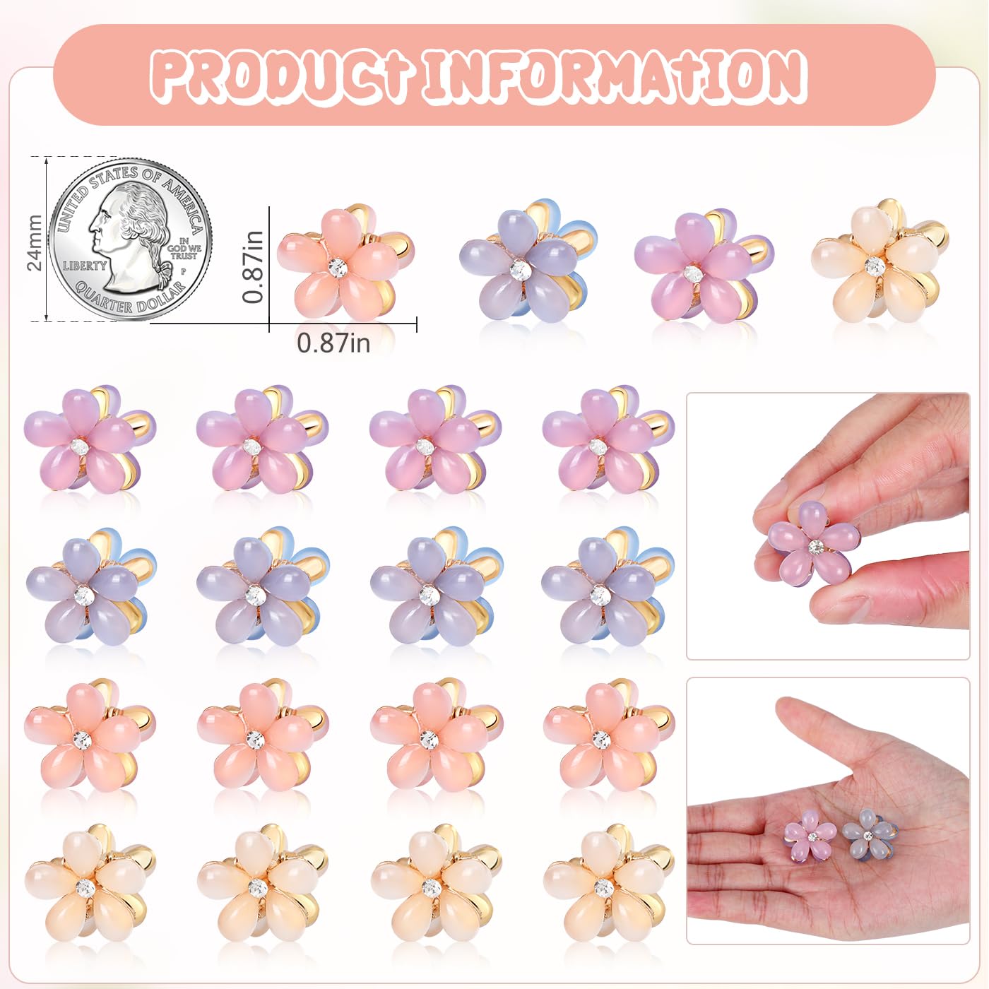 Cwjcytnsn 16Pcs Small Hair Claw Clips For Women Girls, Mini Crystal Flower Hair Clips, 0.8'' Cute Metal Hair Pins, Nonslip Flowe