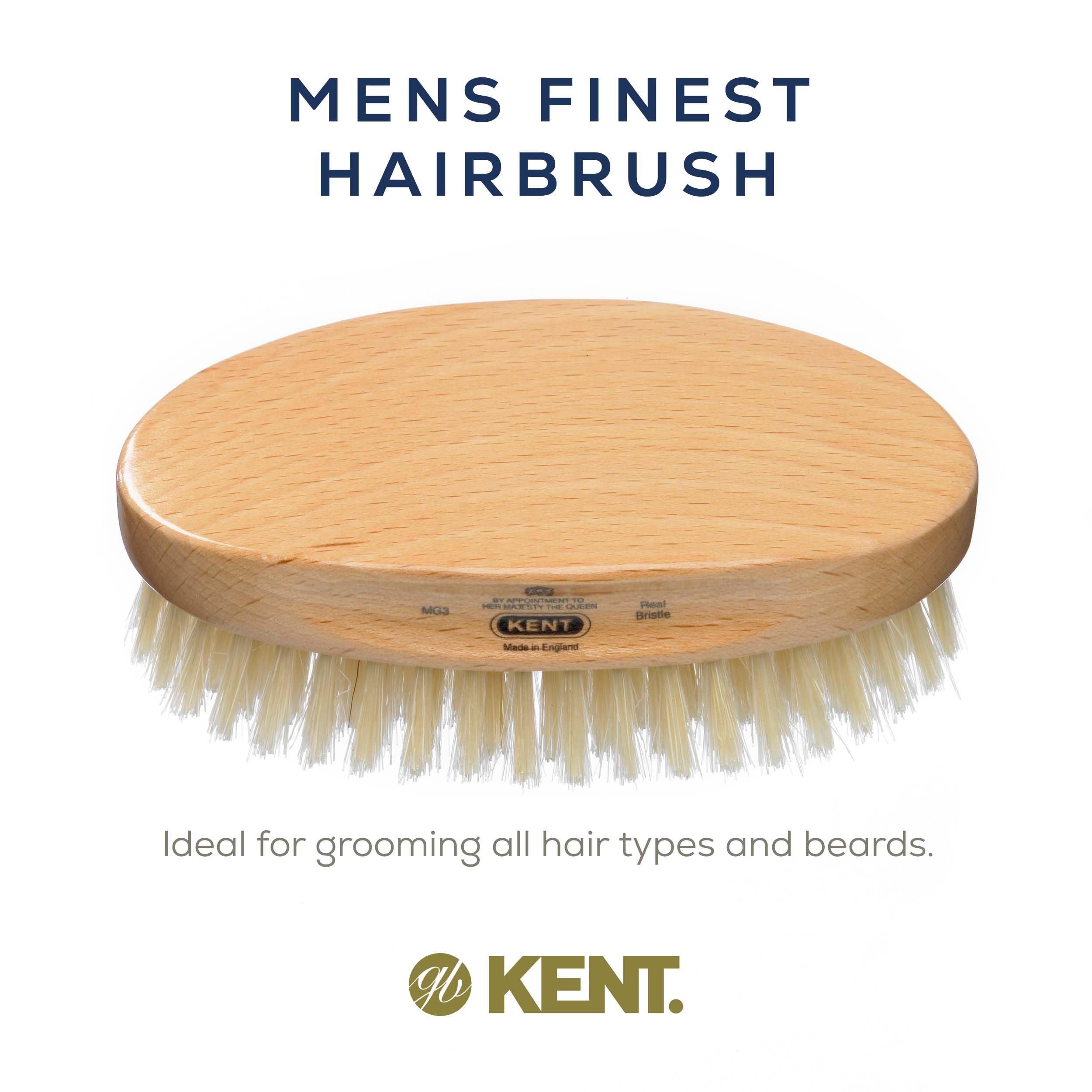 Kent MG3 Finest Men's Hair Brush & Beard Brush for Skin Care, Natural White Boar Bristle Brush for Mens Grooming, Scalp Brush, 3
