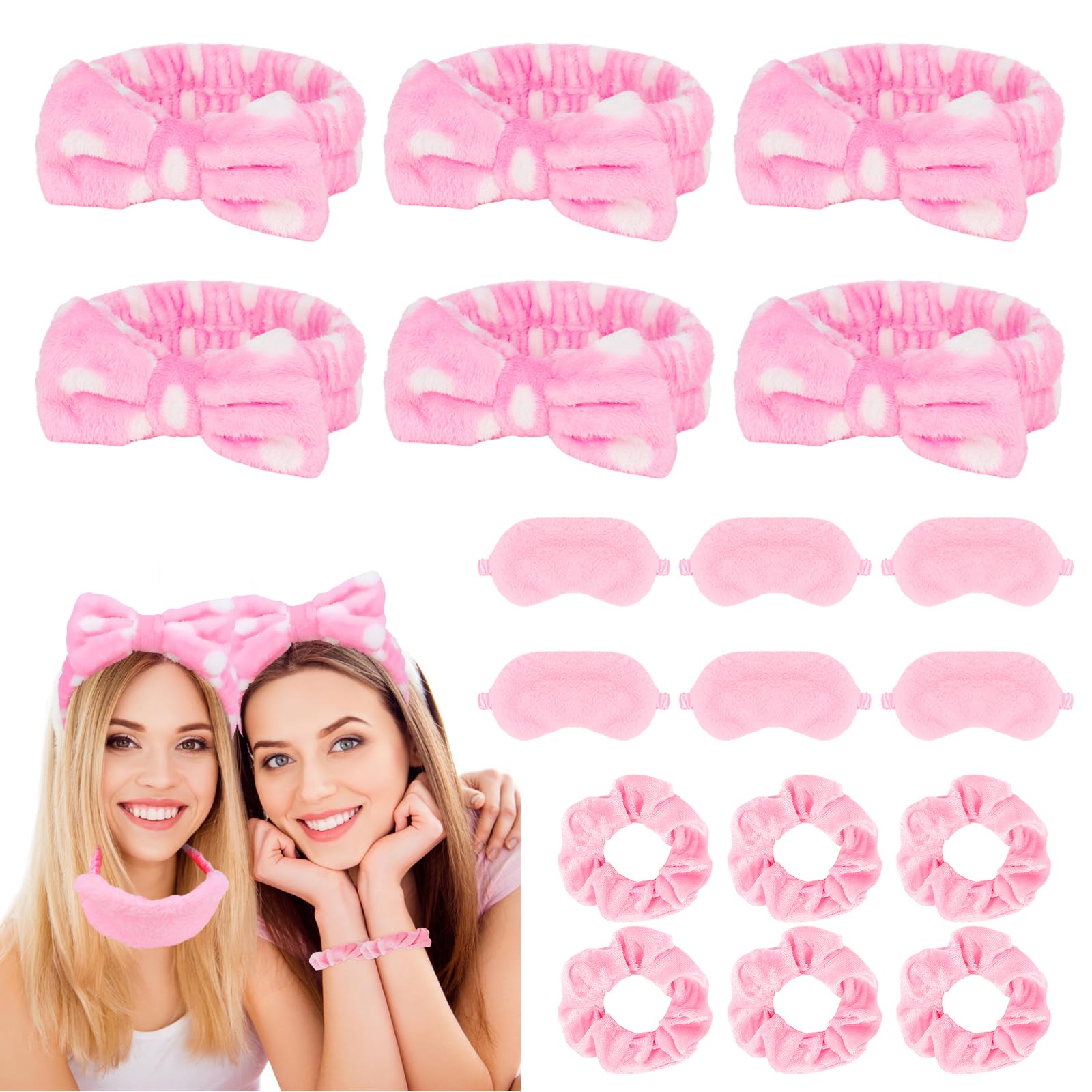 Casoty 18 Pcs Spa Headbands with Plush Sleep Eye Masks Set, Slumber Party Supplies for Women Girls, Skincare Headbands, Makeup H