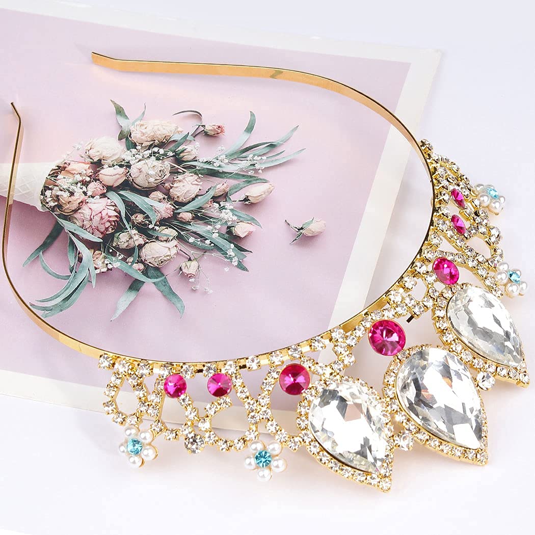 Cocide Girls Crystal Tiara Gold Birthday Crown Rapunzel Pearl Headband For Kid Rhinestone Princess Hairpiece For Women Red Gem W