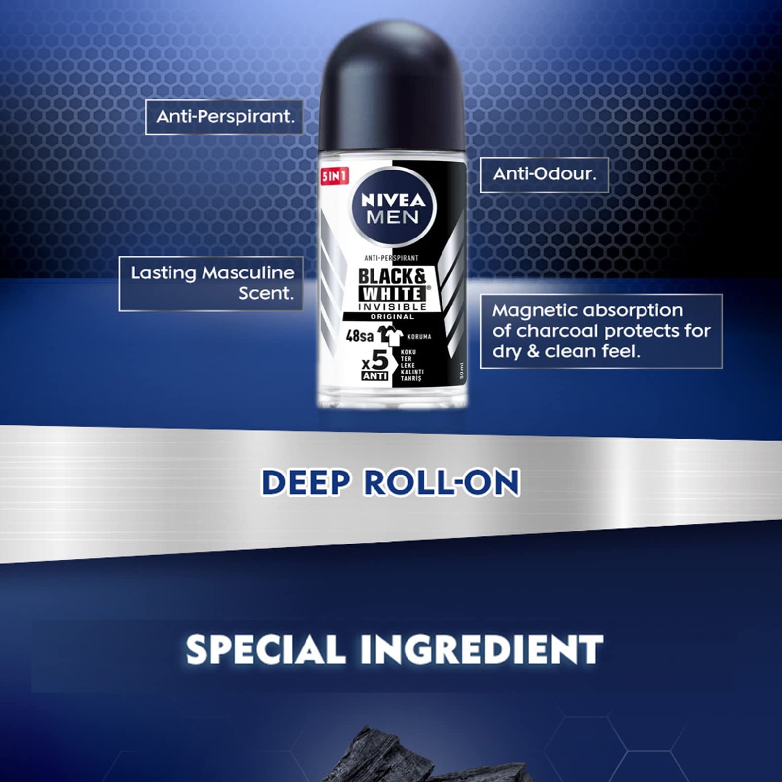 Nivea 48H Deodorant Roll-On Roll On Invisible For Black&White Anti Perspirant 50Ml (Original Pack Of 3) 1.7 Fl Oz