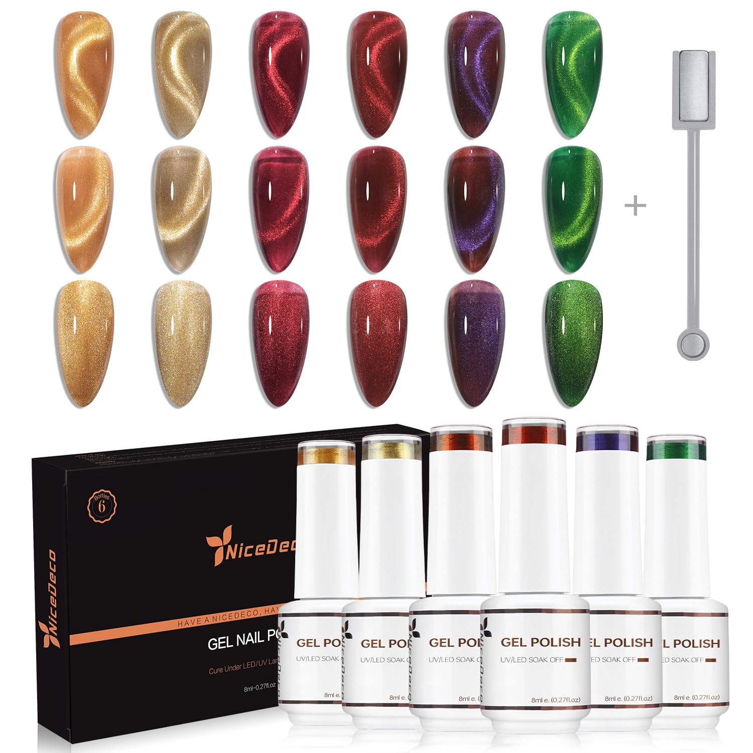 Nicedeco Hema Free Cruelty Free Vegan Cat Eye Gel Nail Polish, High Gloss Long Lasting Soak Off LED U V Gel Polish 6 Colors Set 