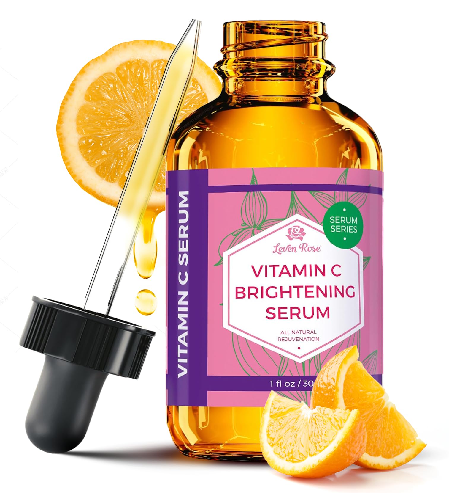 Vitamin C Brightening Serum by Leven Rose 100% Natural Dark Spot Remover for Face for Collagen Boost, Anti-Aging, Deep Hydrating