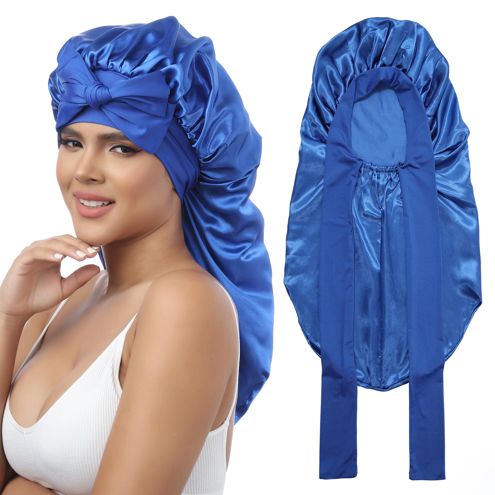 AWAYTR Long Satin Bonnet for Braids - Elastic Silk Hair Bonnets for Sleeping Night Cap Stretchy Tie Band for Women(Royal Blue)