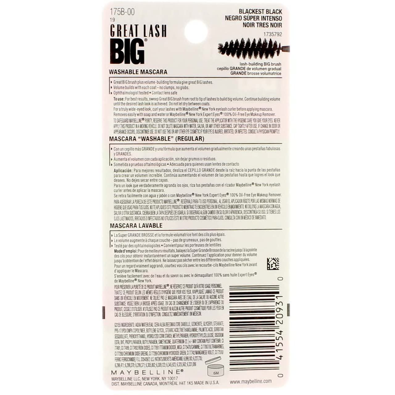 Maybelline Great Lash Big Washable Mascara, Blackest Black [130], 0.34 oz