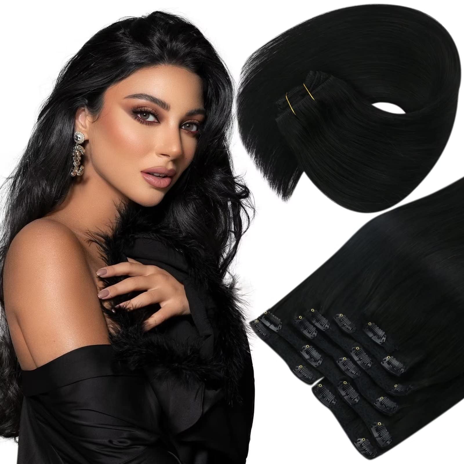 Sunny Black Clip in Hair Extensions Real Human Hair Natural Black Clip in Extensions Human Hair Black Hair Extensions Clip ins D