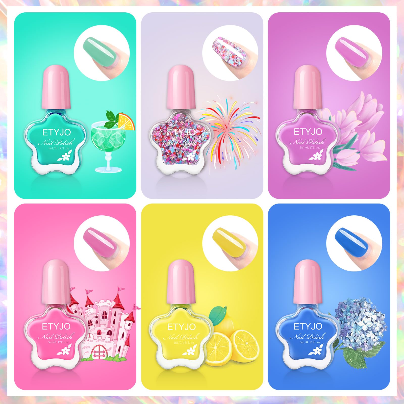 Etyjo Kids Nail Polish Non-Toxic Nail Polish Set For Girls Water Based Peel Off Quick Dry Nail Polish 6 Colors Nail Art Kits For