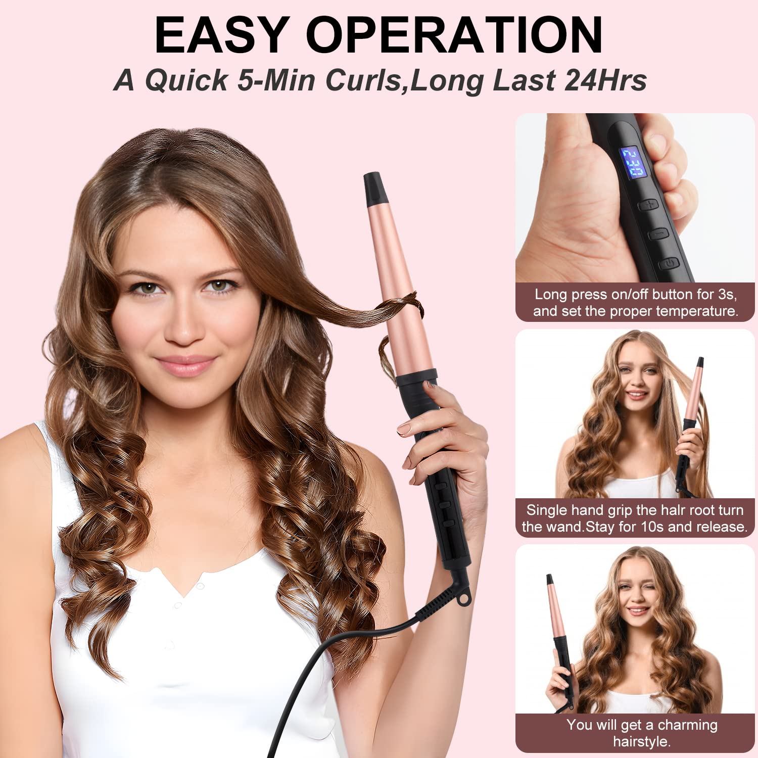 Curling Wand, Professional Ceramic 3/4-1 1/4 Inch Tapered Hair Curling Iron, Lcd Display With 14 Heat Setting(100C To 230C), Dua