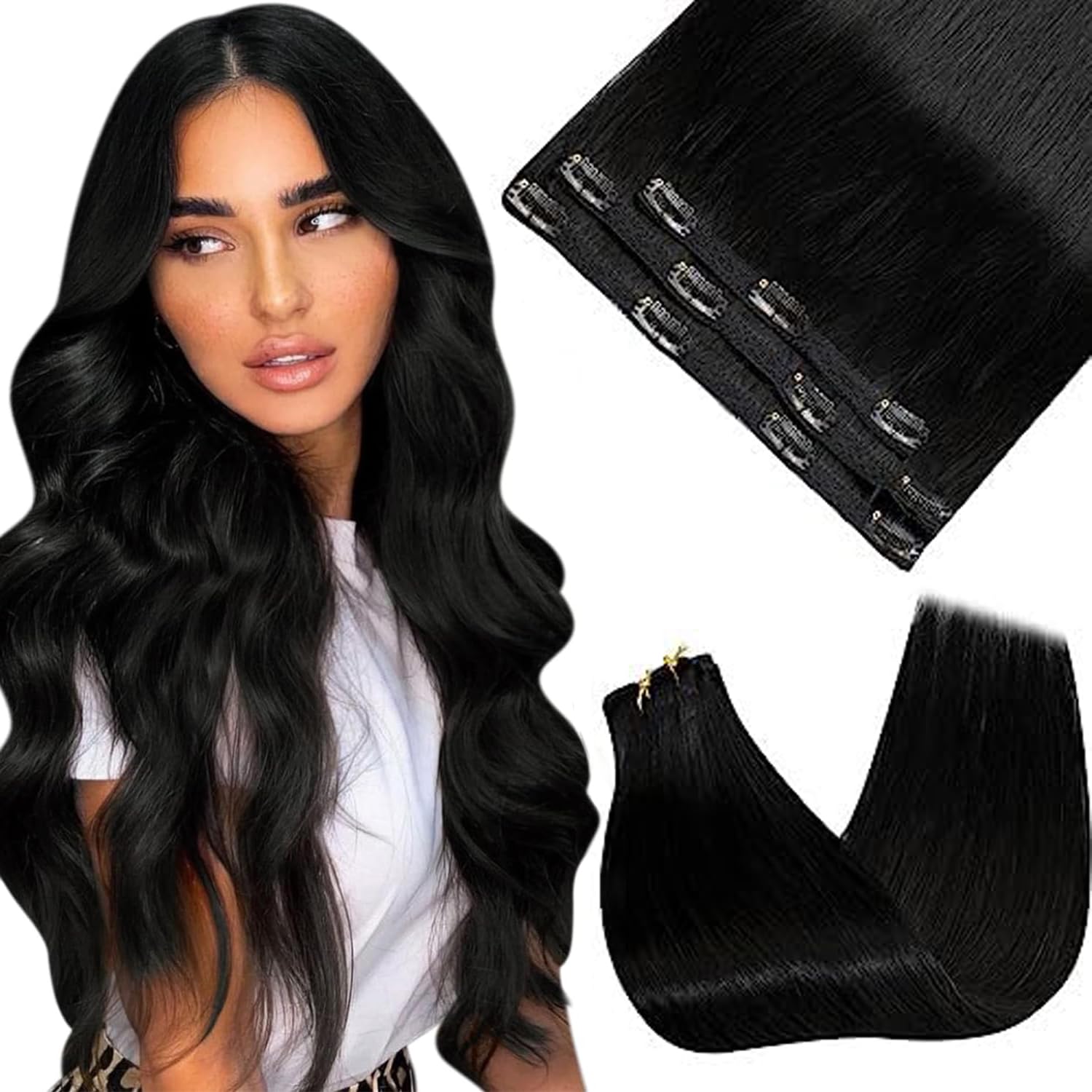 Sunny 3 Pieces Clip in Hair Extensions Black Human Hair Extensions Clip ins Jet Black Straight Hair Clip in Extensions for Women